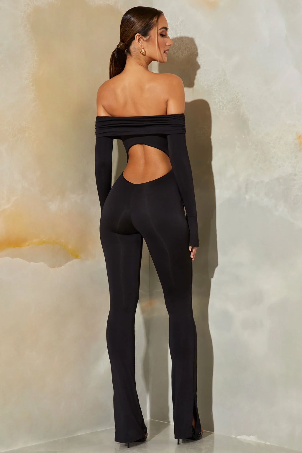 Tall Long Sleeve Open Back Jumpsuit in Black