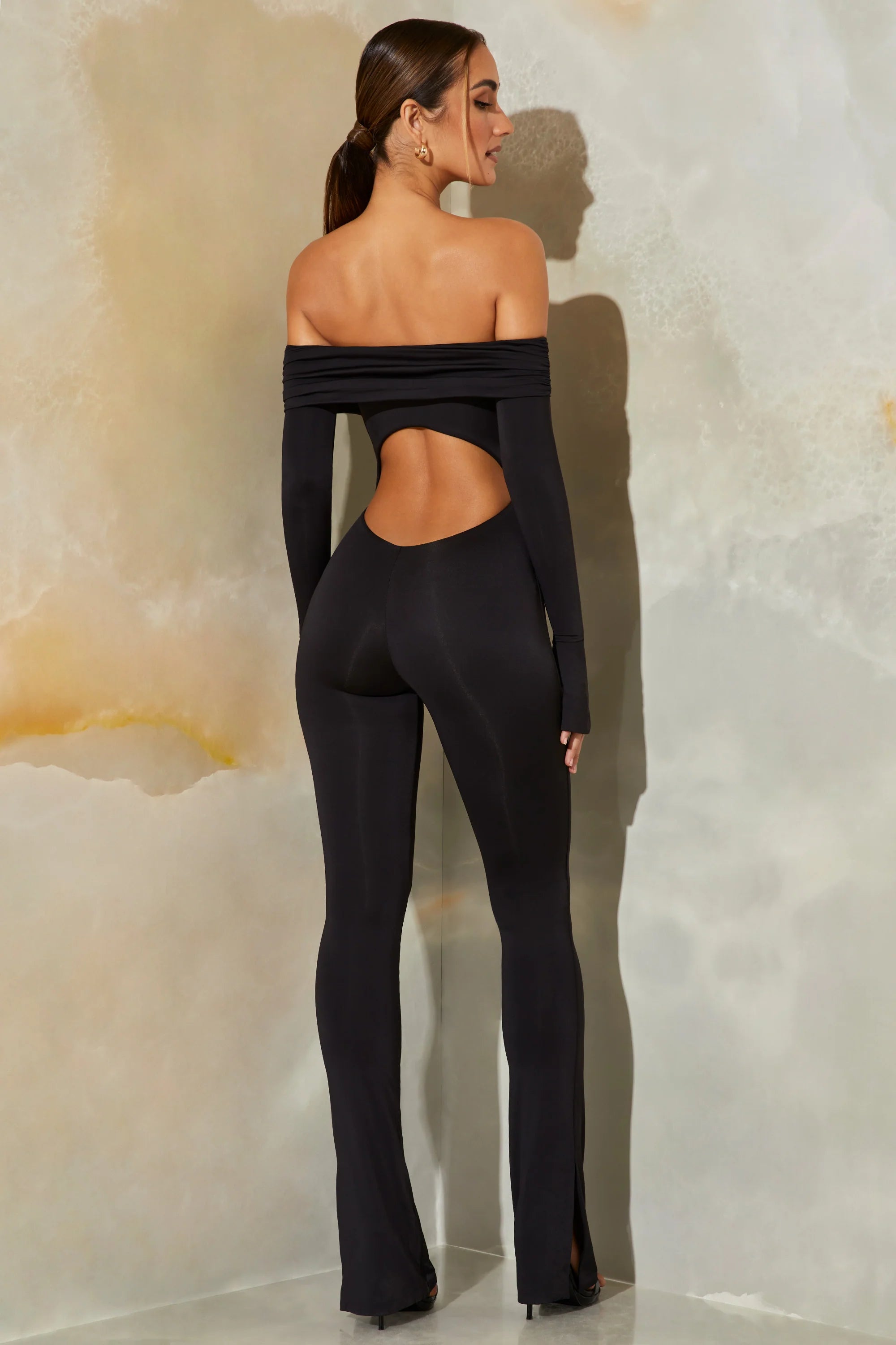 Tall Long Sleeve Open Back Jumpsuit in Black
