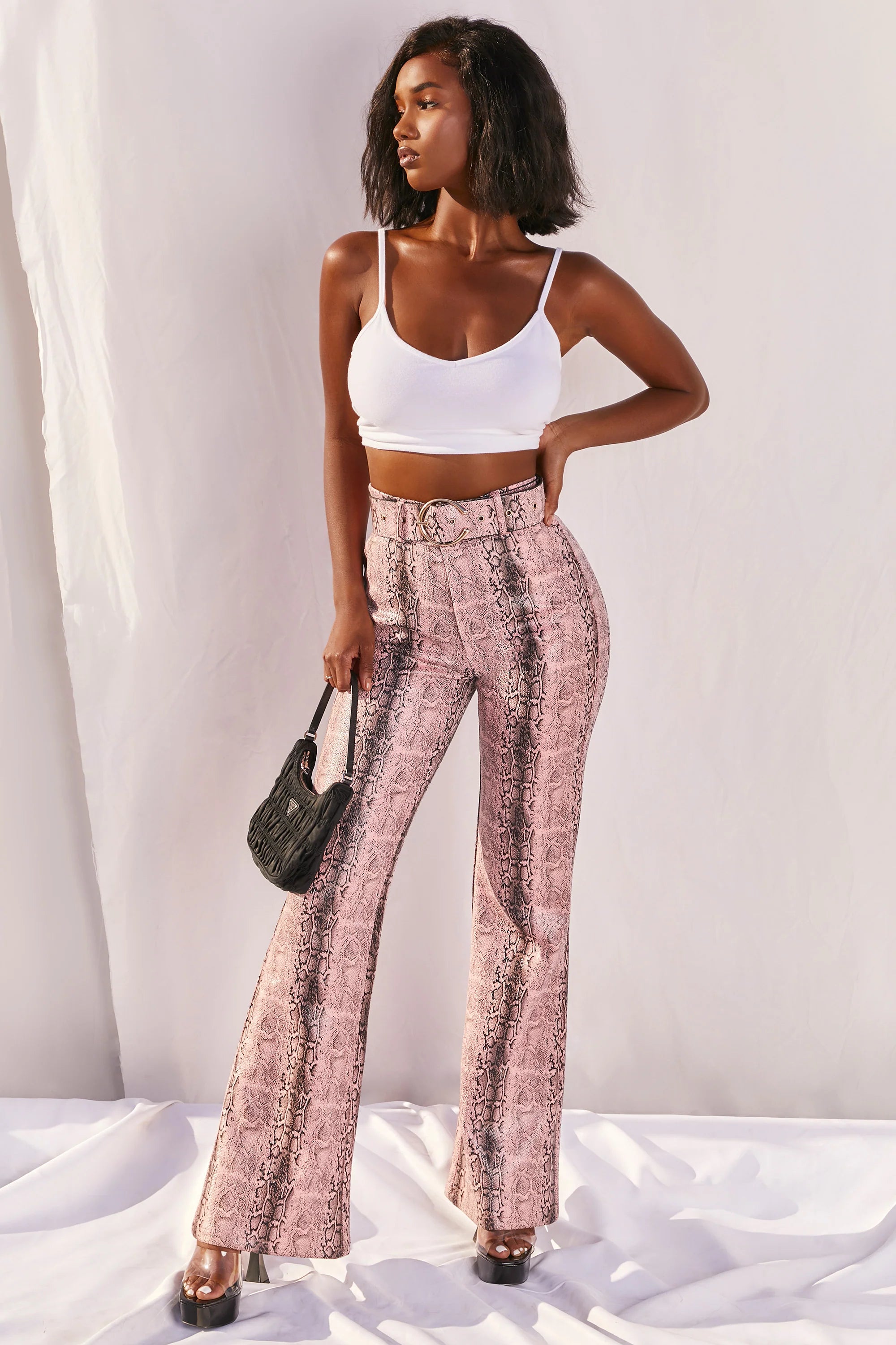 Drive ‘Em Wild Petite High Waisted Wide Leg Trousers in Pink Snake Print