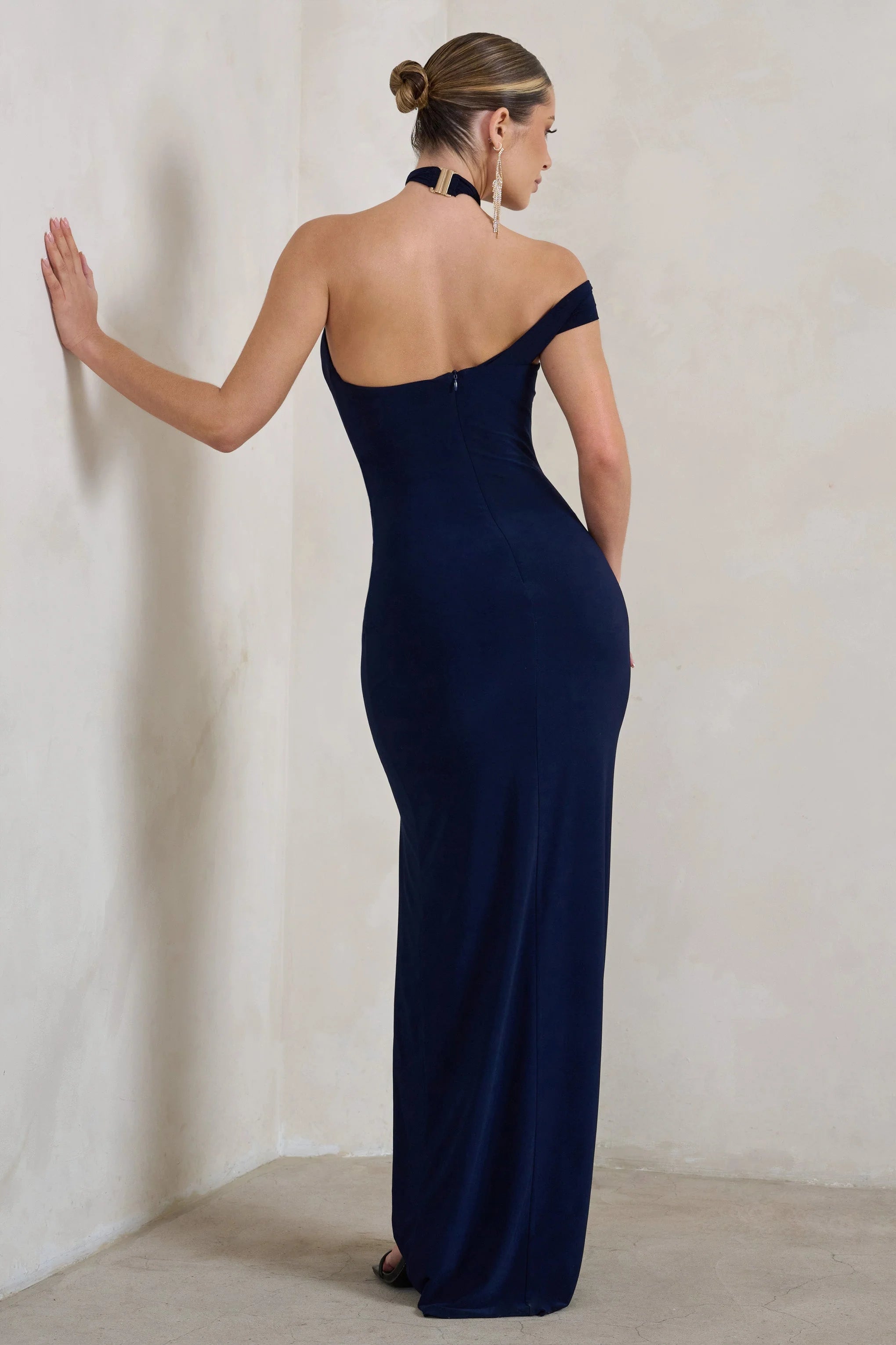 Clementine | Navy Asymmetric Neckline Maxi Dress With Thigh Split