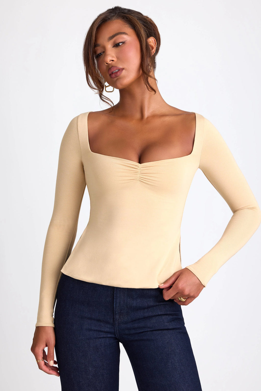 Modal Sweetheart Neckline Long Sleeve Top in Sand