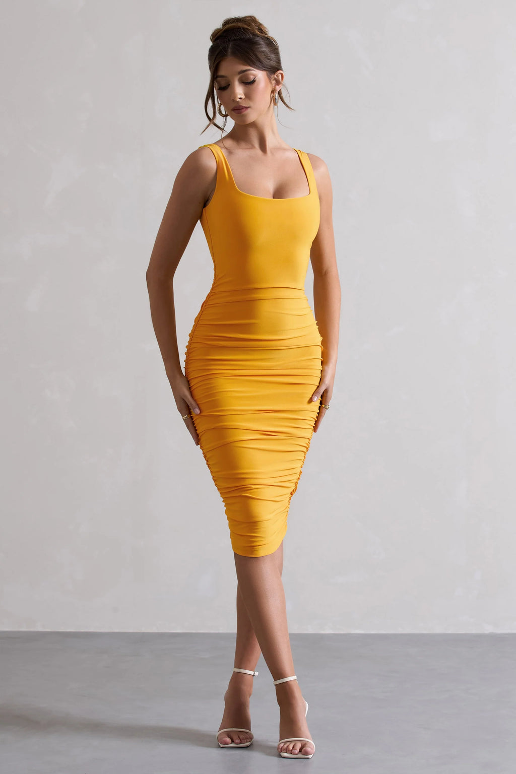 Lisbon | Mango Square Neck Ruched Midi Dress