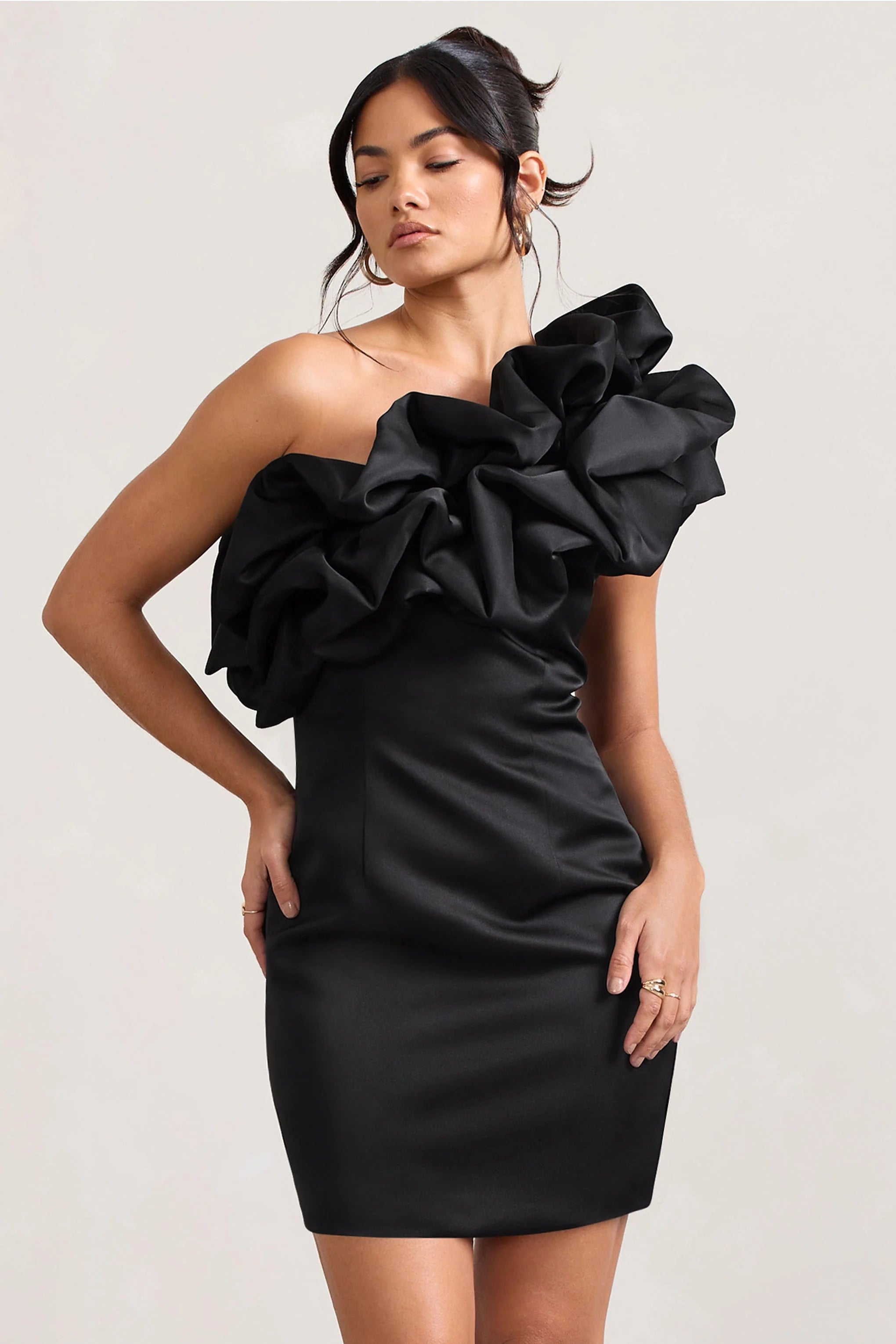 At The Opera | Black Satin Asymmetric Ruffled Mini Dress