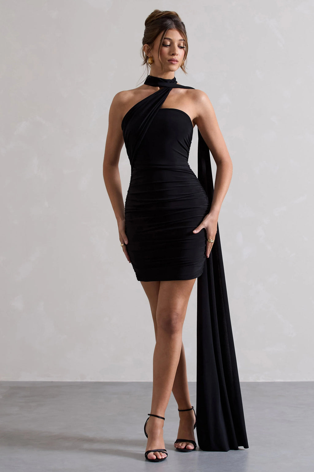 Abel | Black Ruched Asymmetric Mini Dress With Scarf