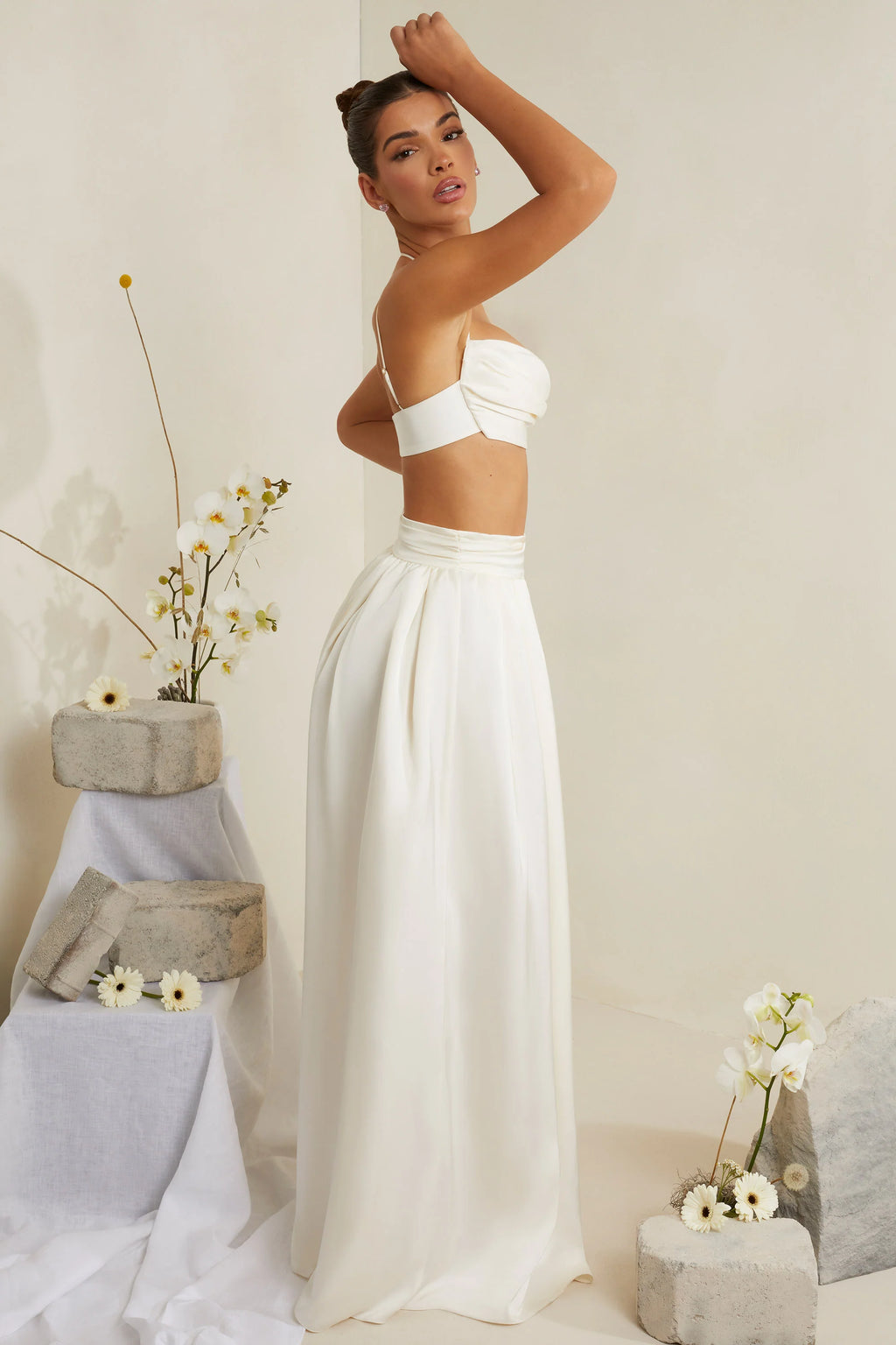 Cowl Neck Heavy Satin Crop Top in White
