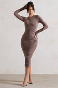 Monique | Mocha Ruched Bodycon Midi Dress