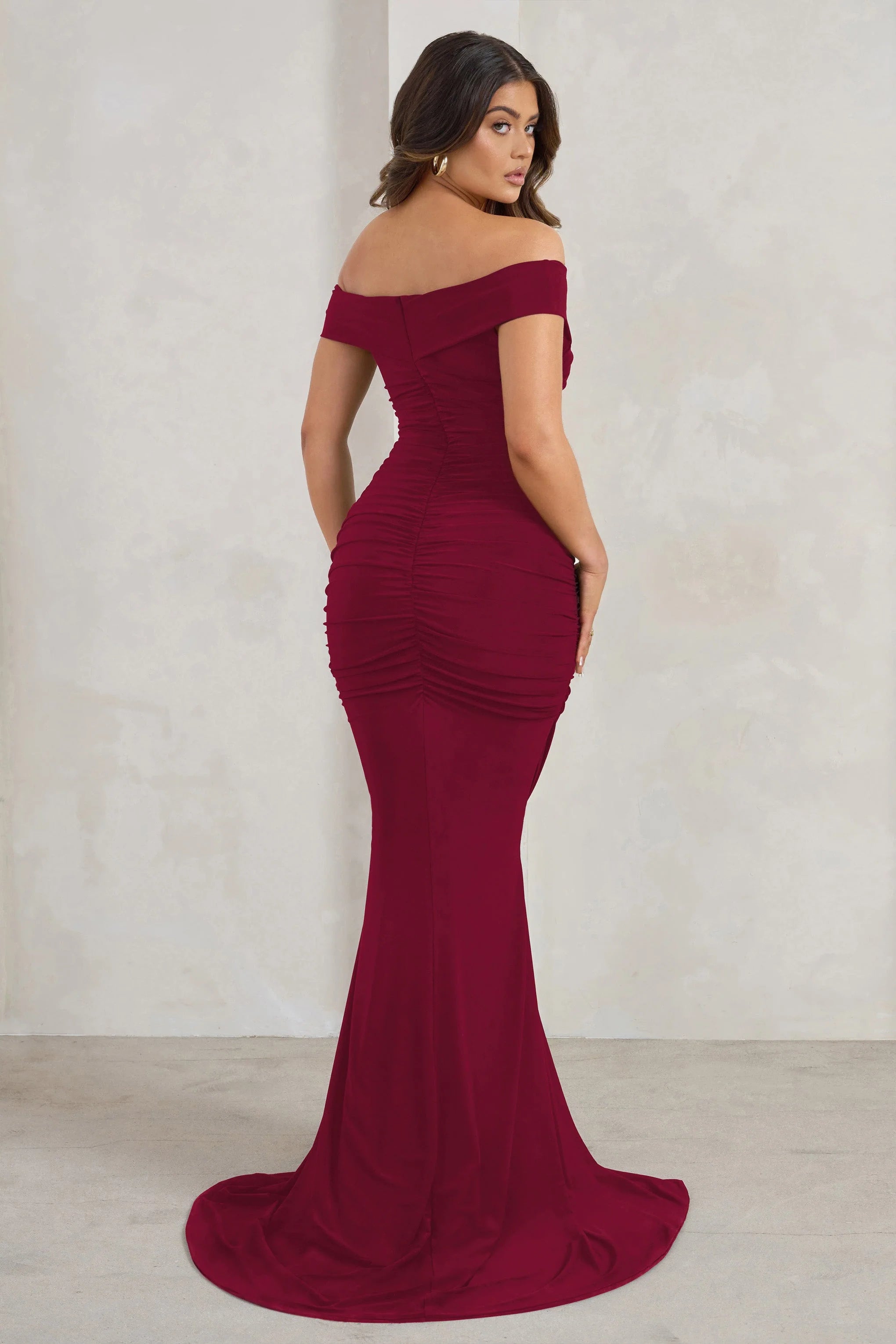 Apolline | Berry Off The Shoulder Ruched Fishtail Maxi Dress