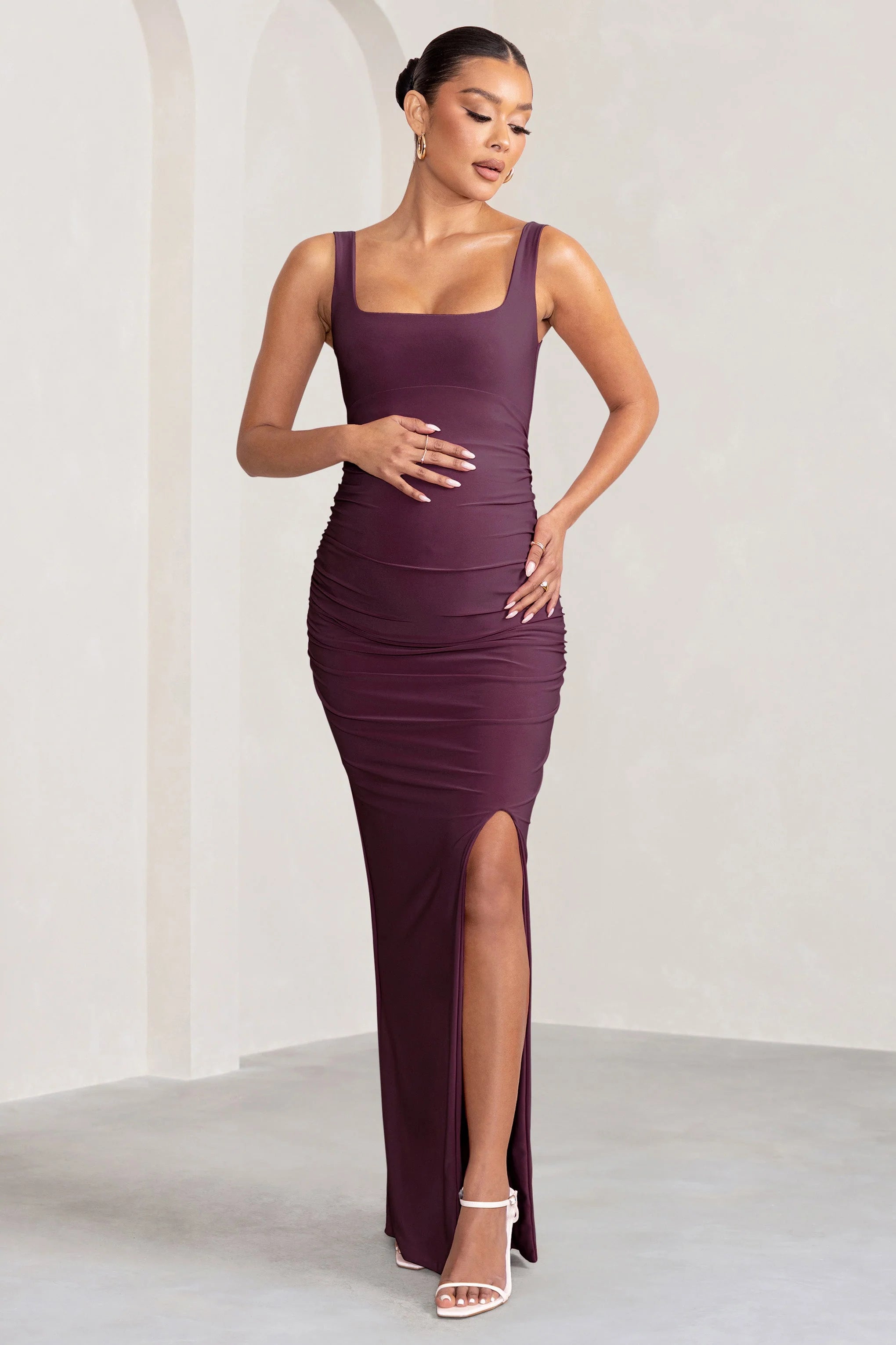 Avril | Plum Square Neck Maternity Maxi Dress with Split