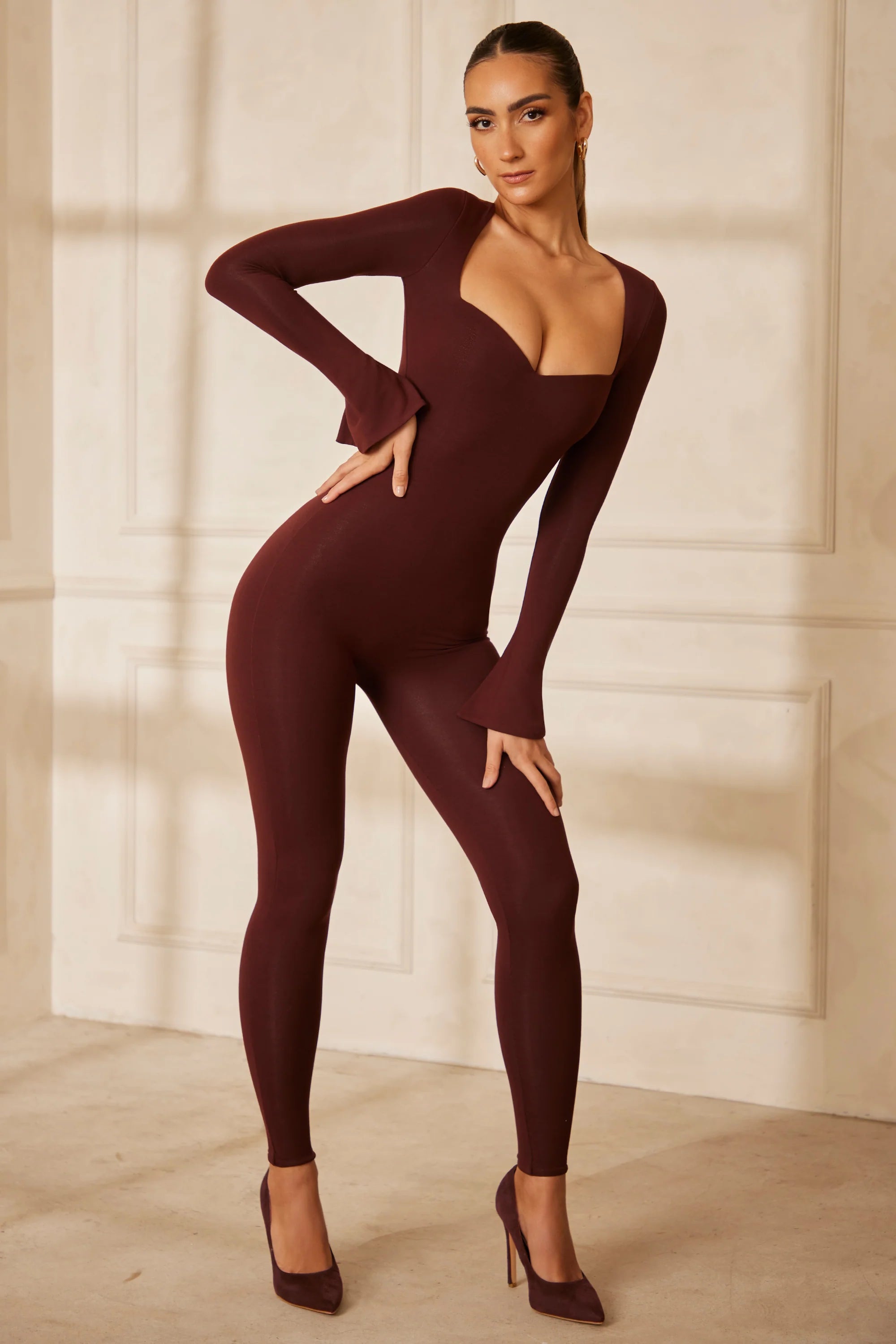 Tall Sweetheart Neckline Long Sleeve Jumpsuit in Brown