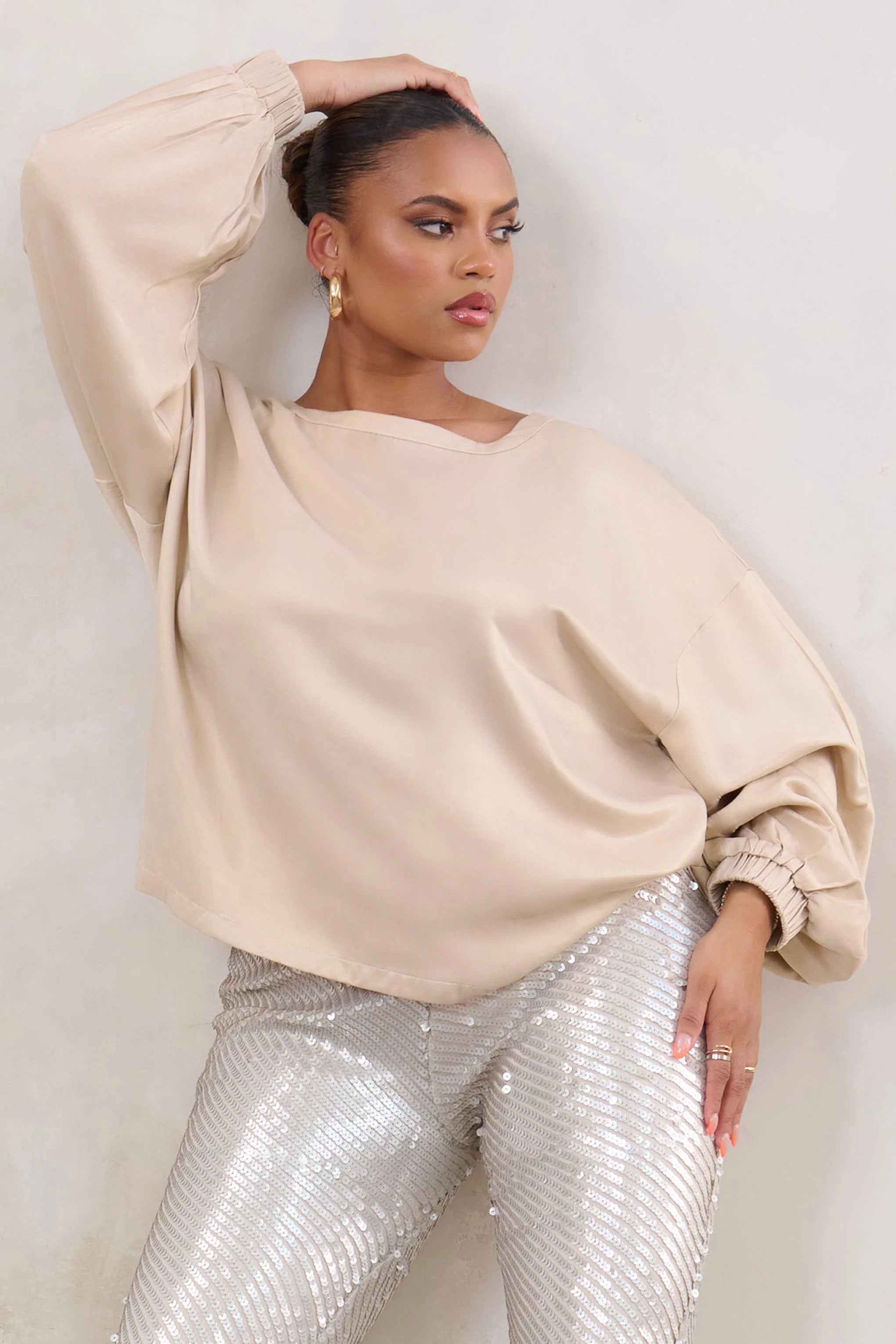 Smooth Talk | Plus Champagne Oversized Long Sleeve Satin Top