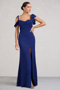 Merlot | Navy Asymmetric Draped Split Maxi Dress