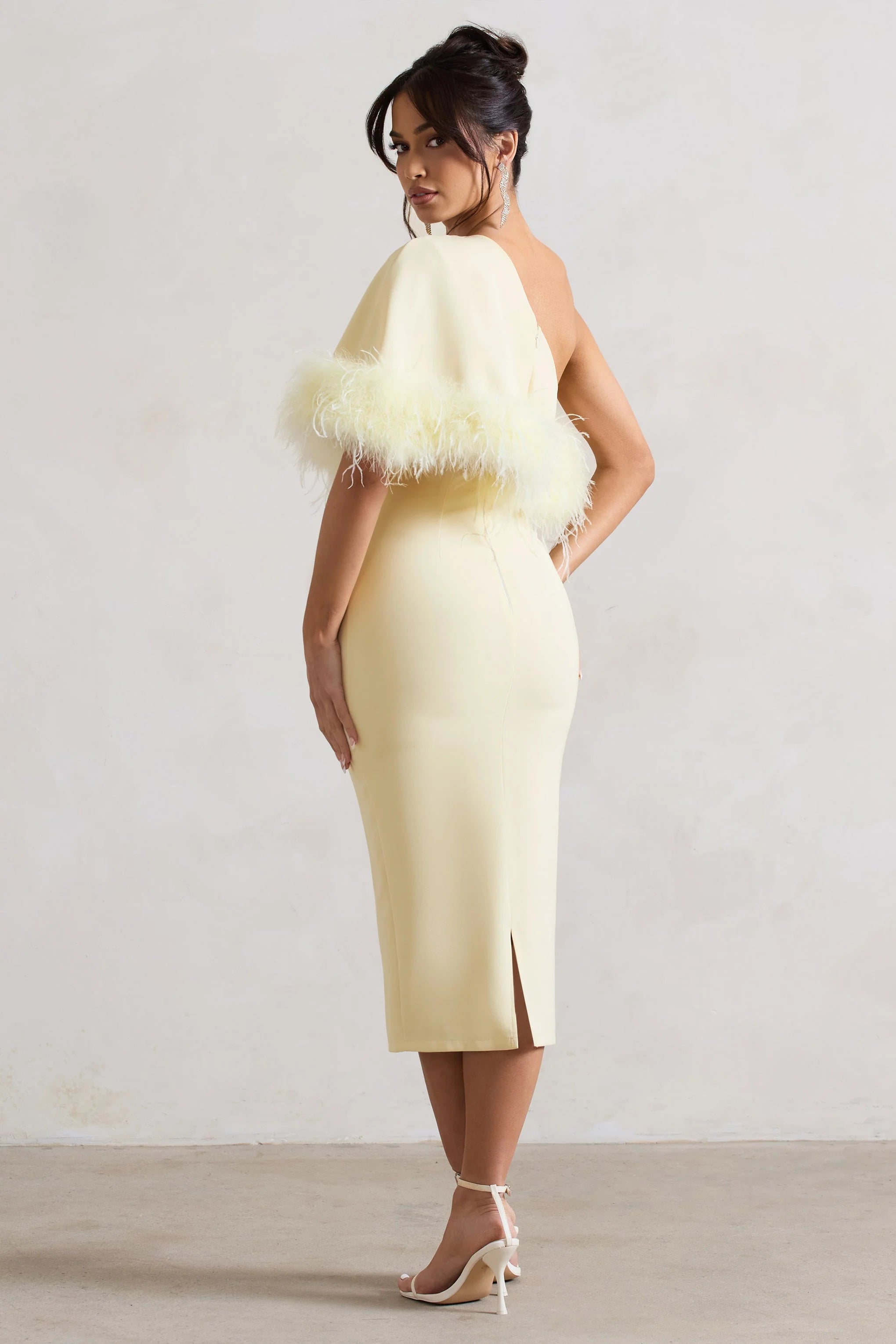 Victory | Lemon Asymmetric Midi Dress With Feather Trim
