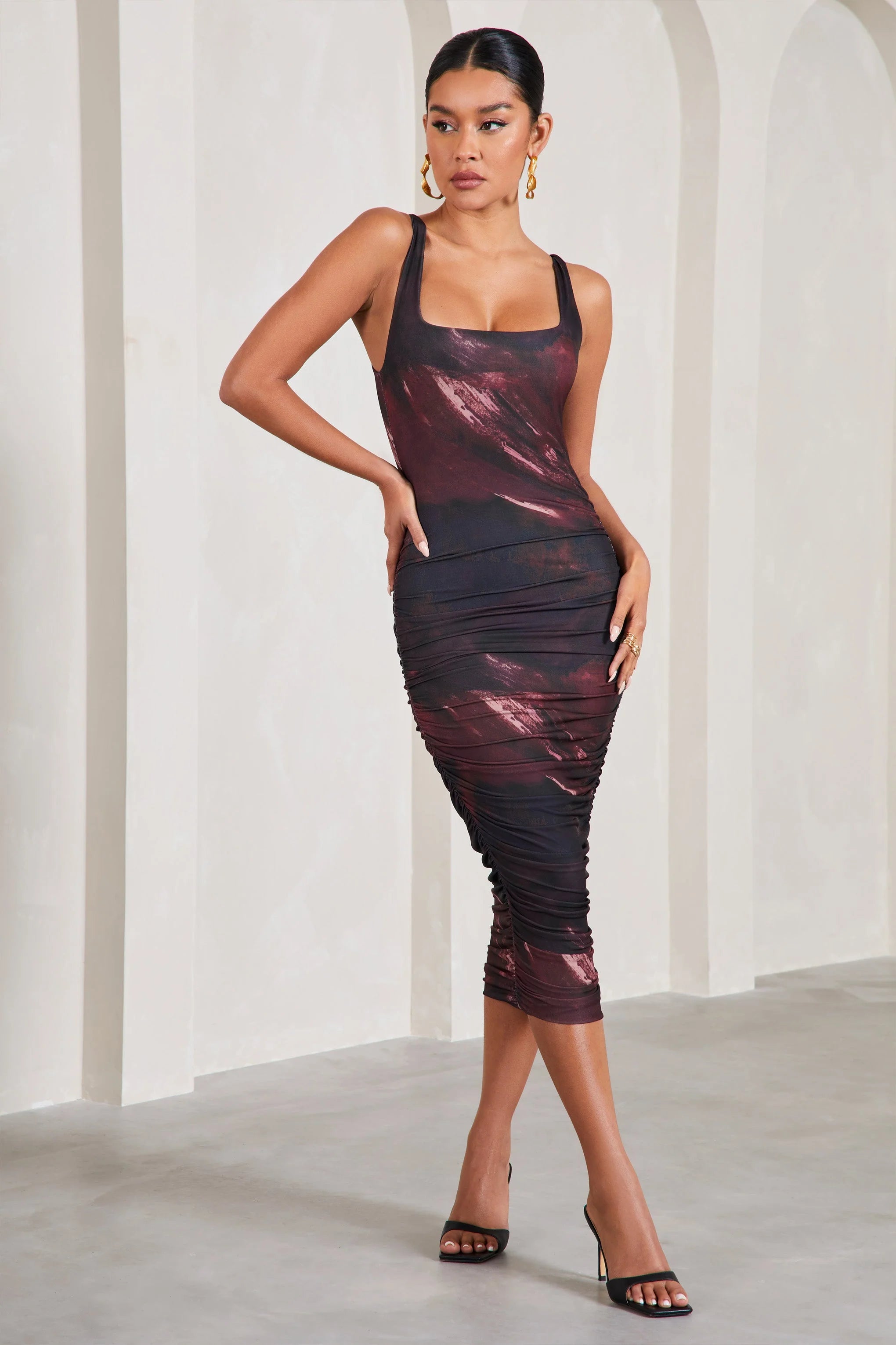 Lisbon | Plum Print Square Neck Ruched Midi Dress