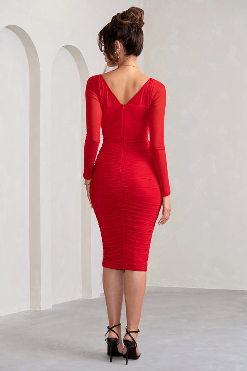 Abiba | Red Ruched Front Corset Midi Dress With Long Sleeves