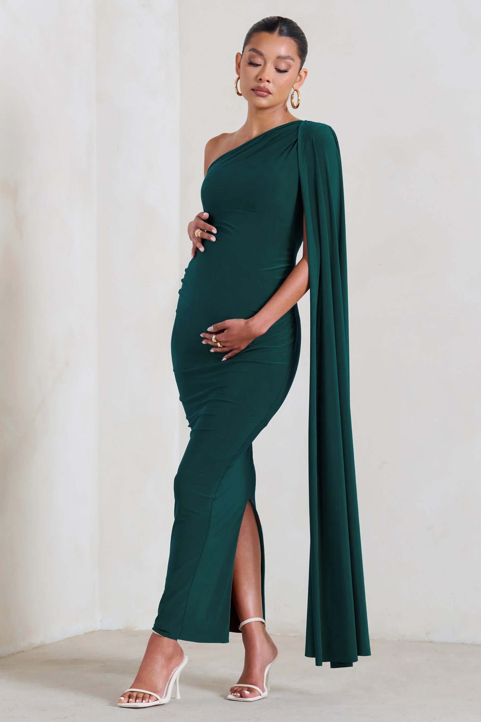 Amaryllis | Bottle Green Maternity One Shoulder Maxi Dress with Cape Sleeve