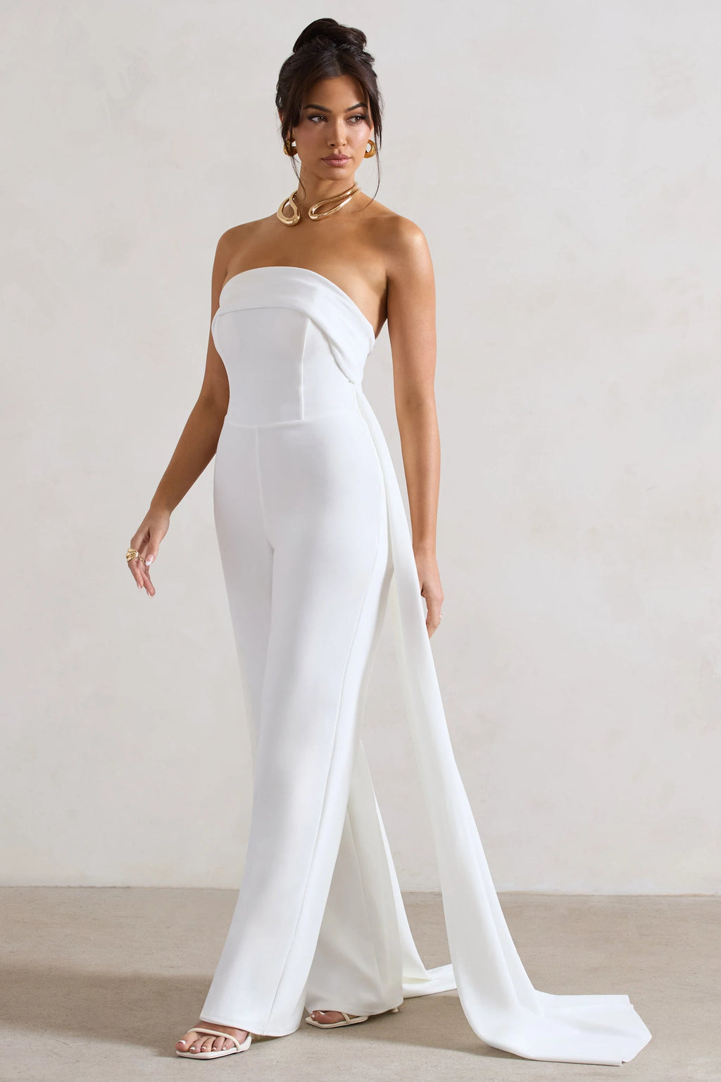 Amaya | White Bandeau Wide-Leg Jumpsuit With Cape