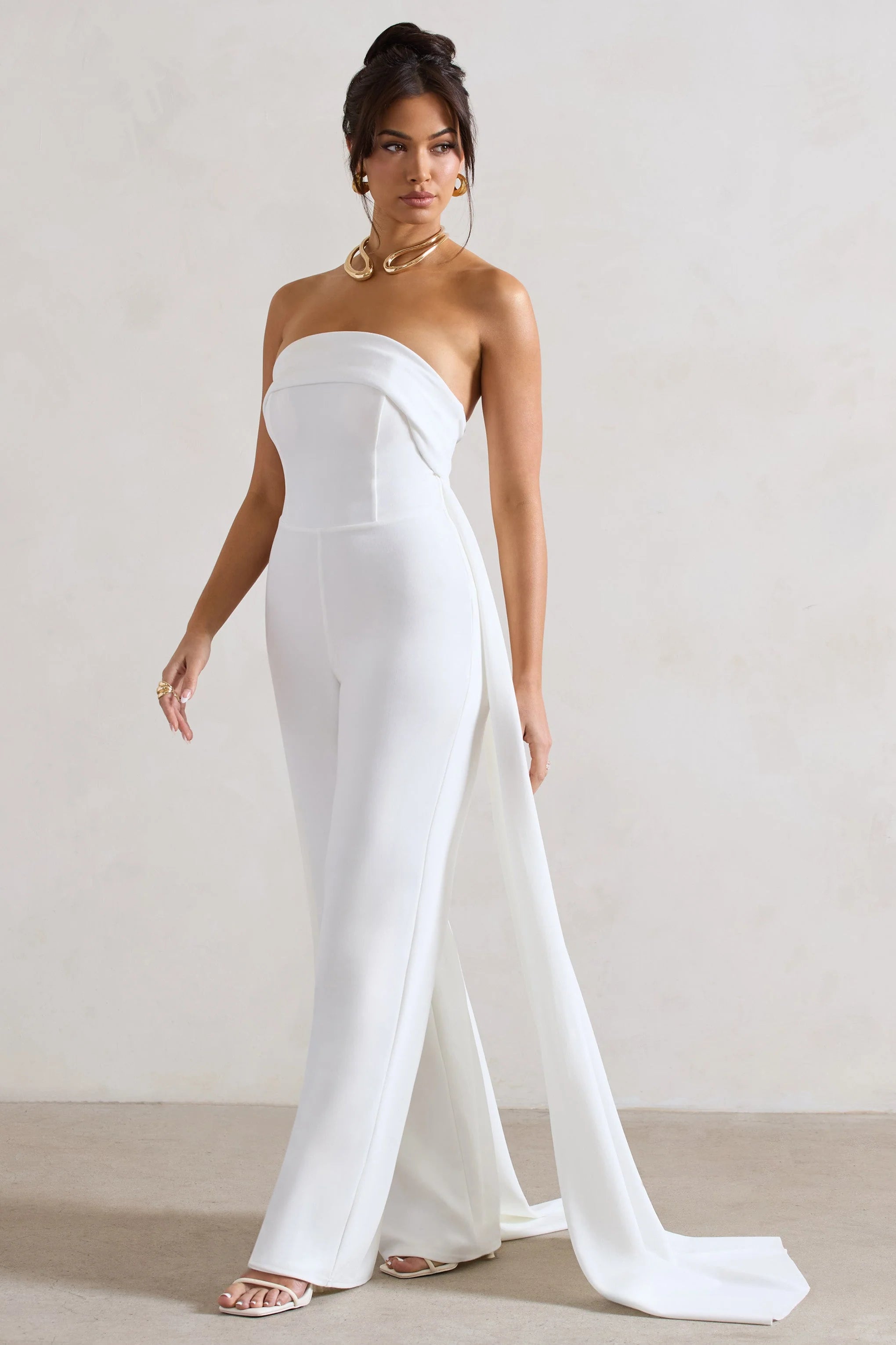 Amaya | White Bandeau Wide-Leg Jumpsuit With Cape