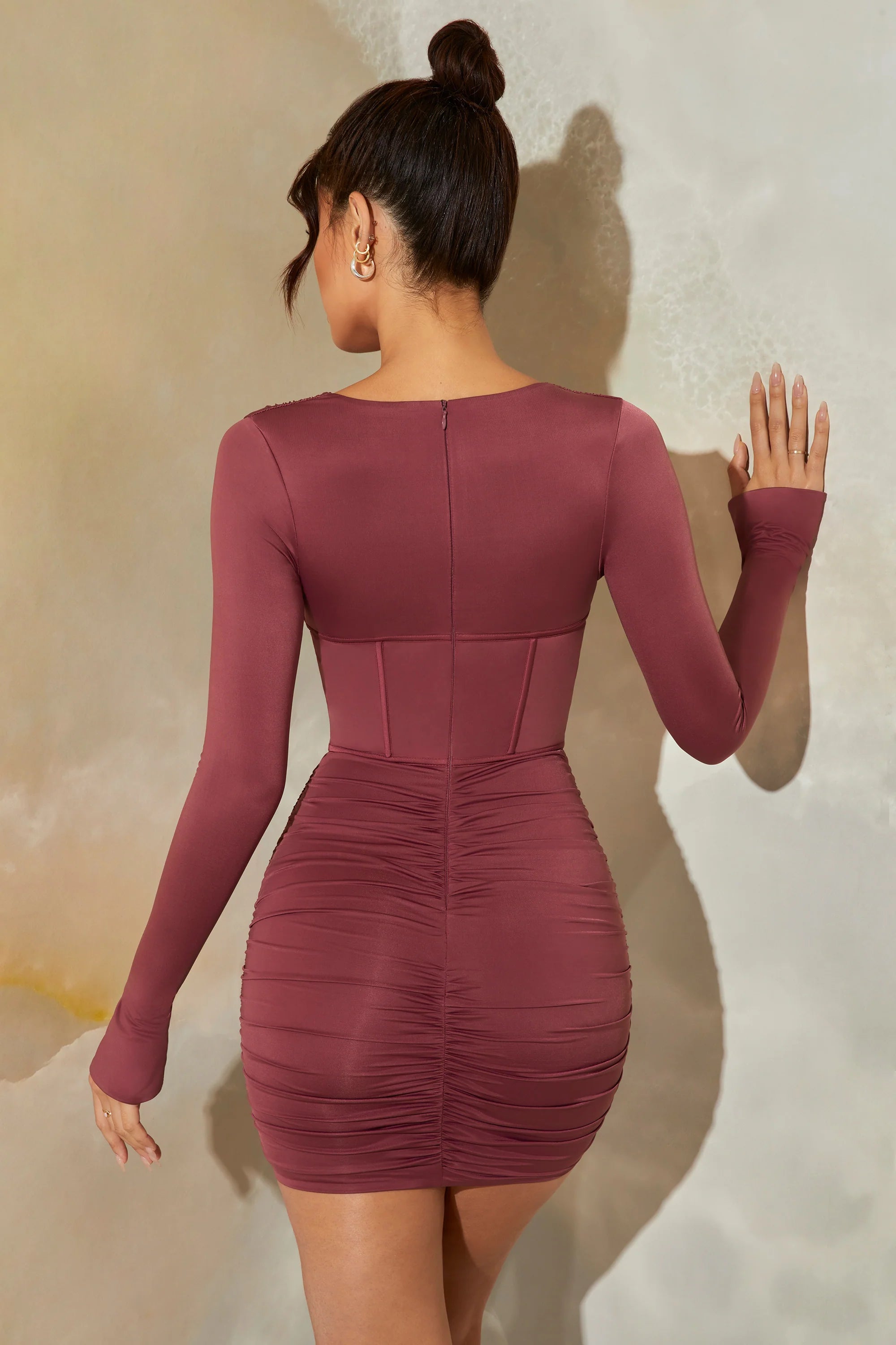 Long Sleeve Cowl Neck Corset Mini Dress in Dark Mauve