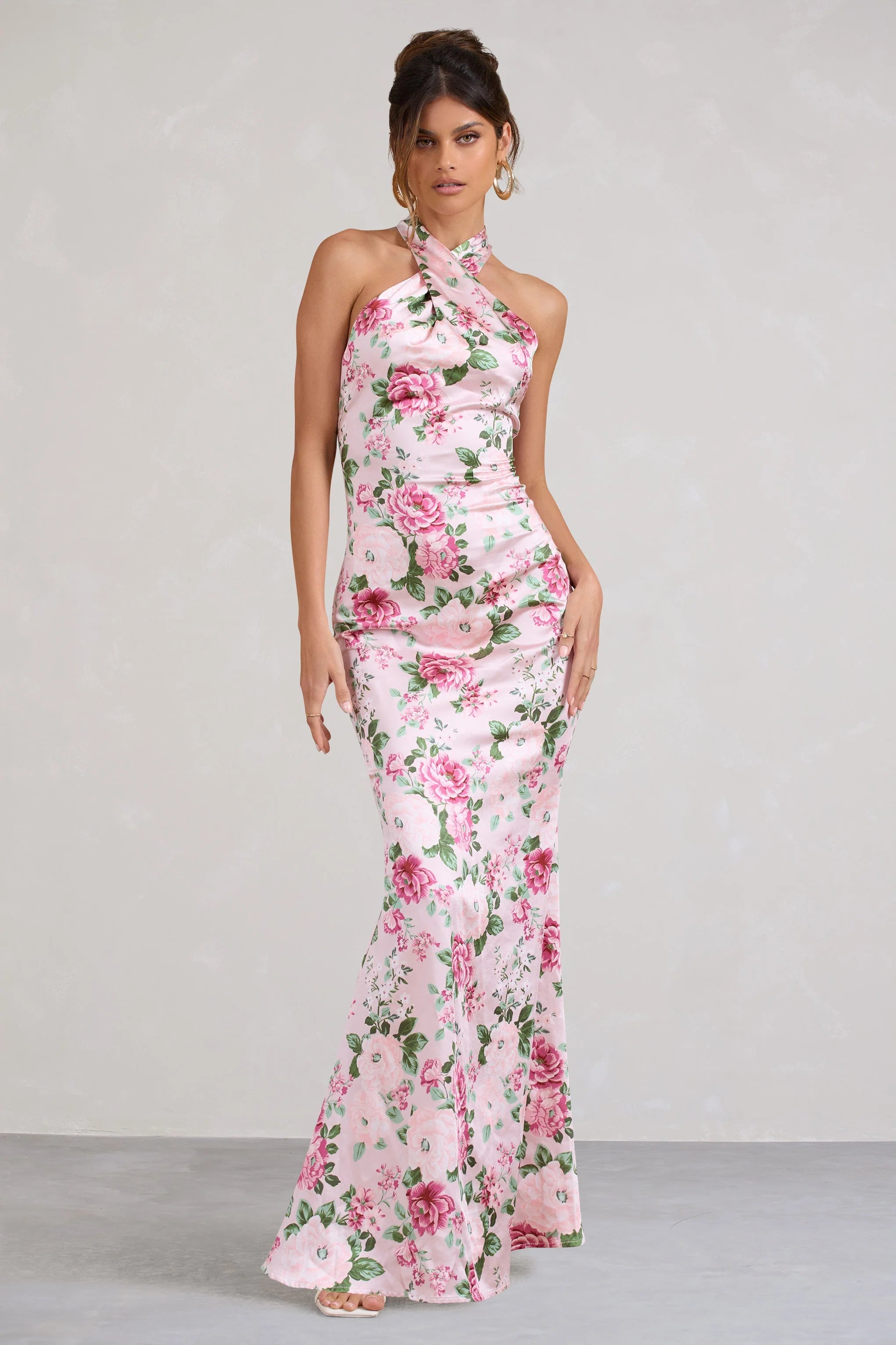 Unstoppable | Pink Floral Print Satin Cross Over Halter Neck Maxi Dress