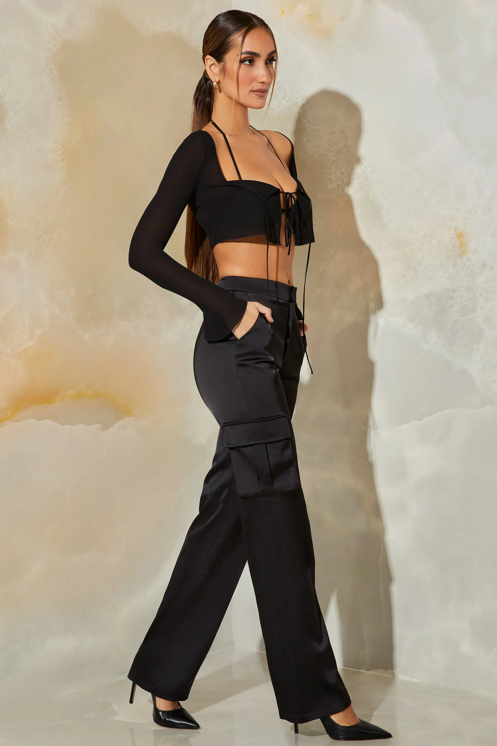 Petite Satin Straight Leg Cargo Trousers in Black