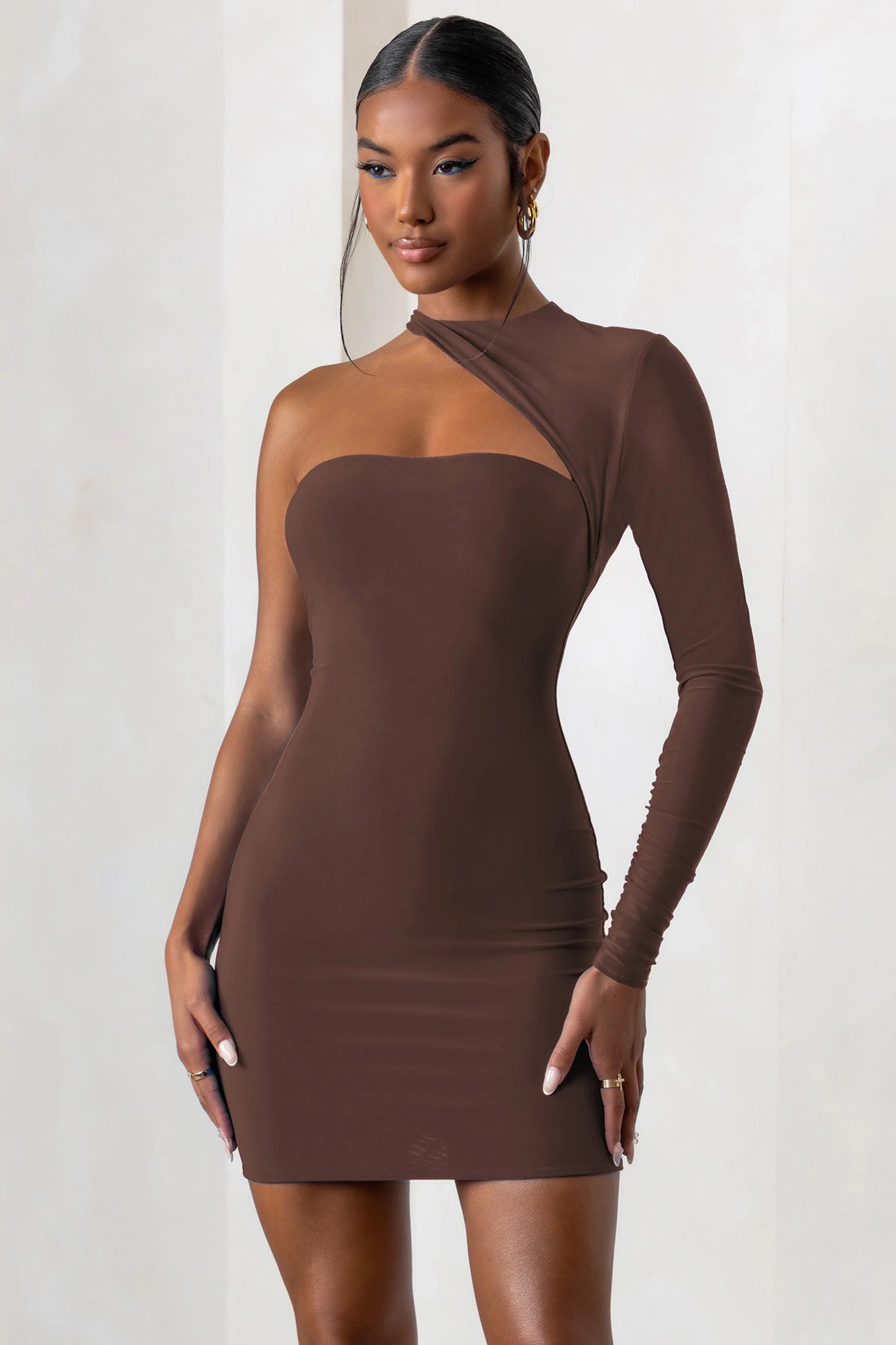 Perfect Touch | Chocolate One Shoulder Long Sleeve Mini Dress