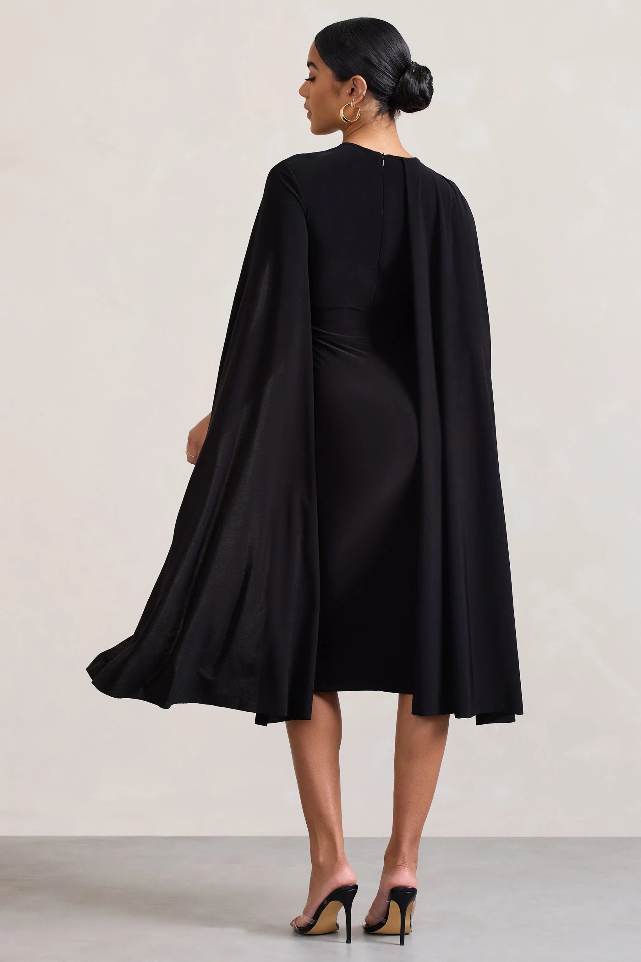 Marysol | Black Asymmetric Cape Midi Dress