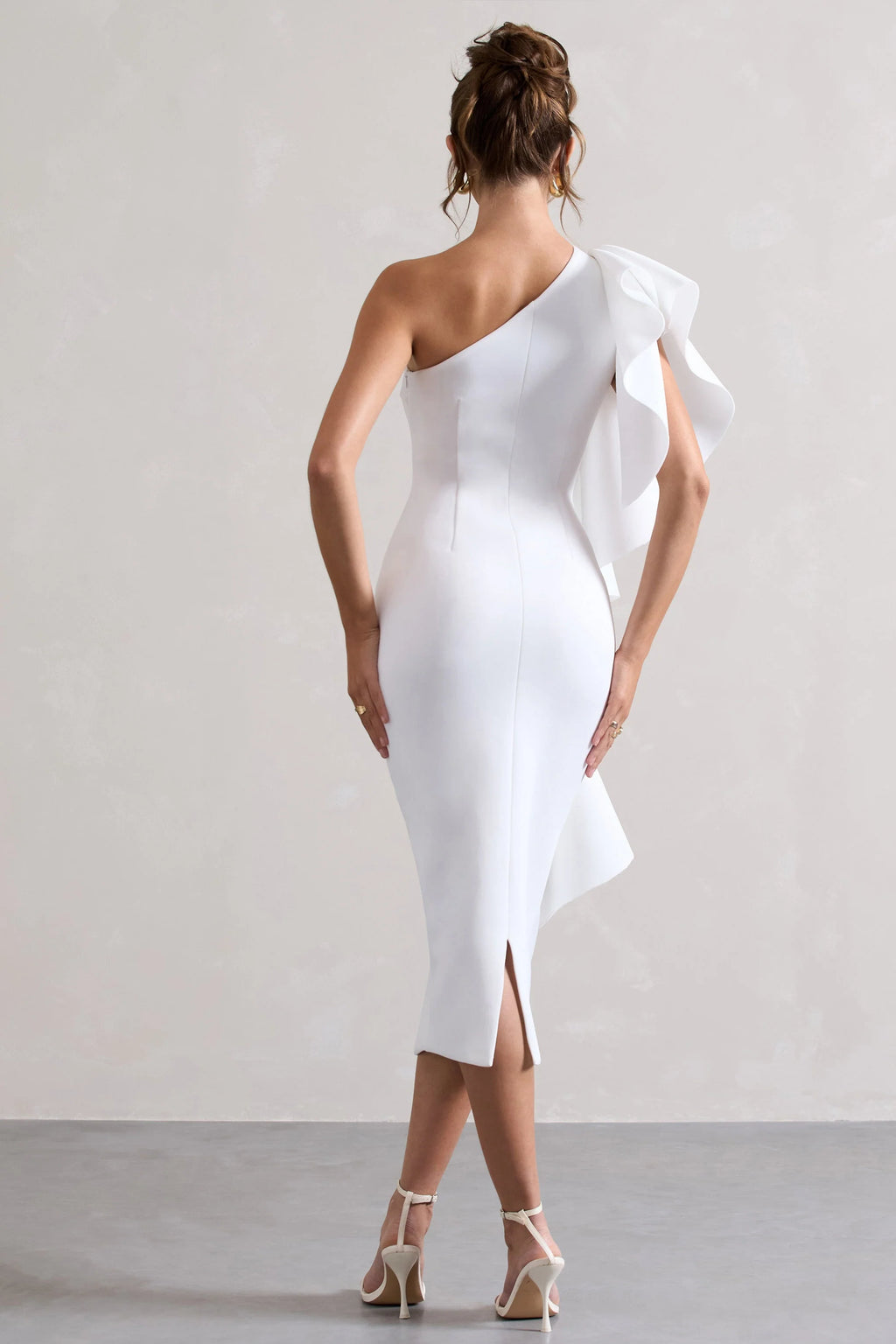 Polo | White Asymmetric Bodycon Midi Dress With Ruffle