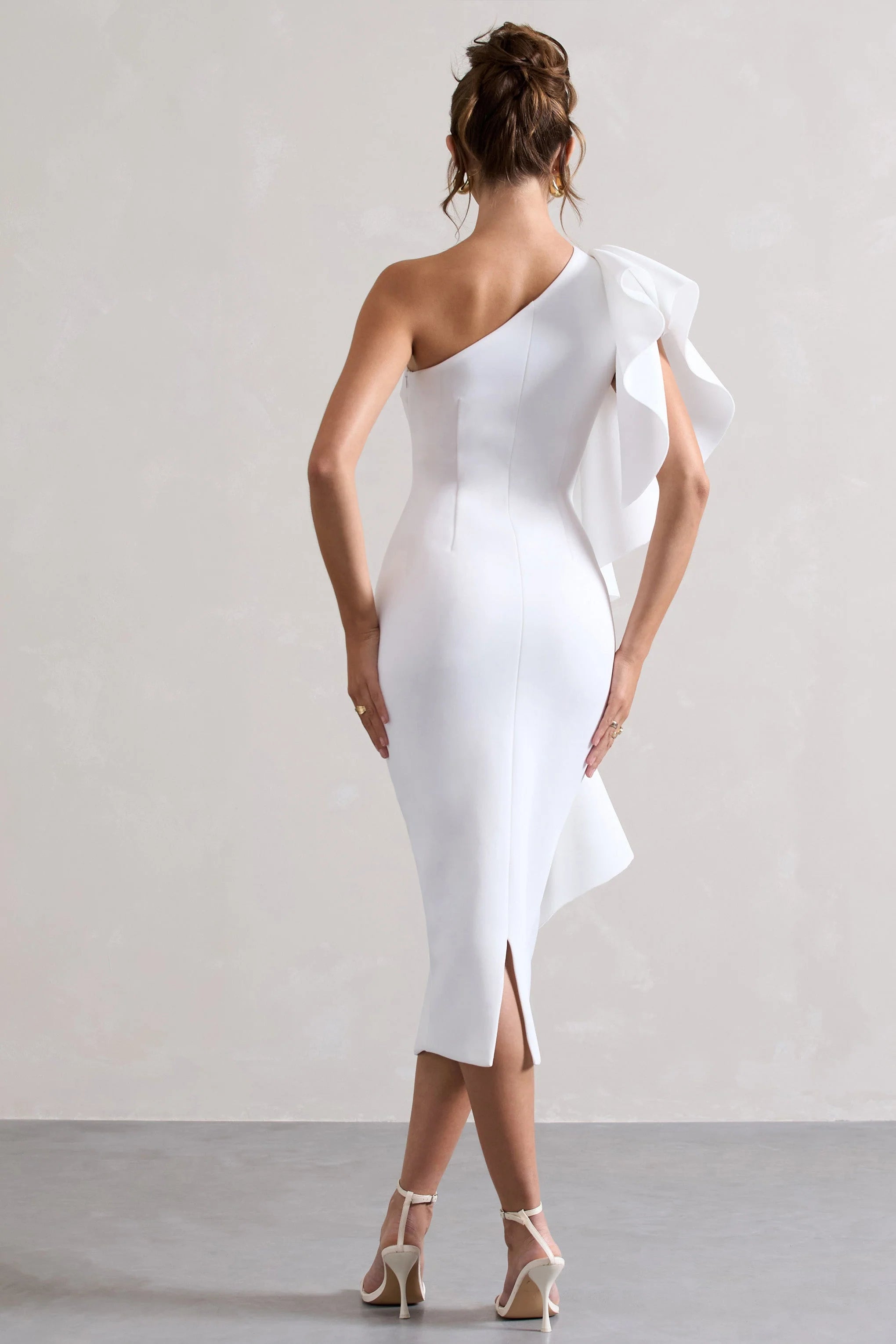 Polo | White Asymmetric Bodycon Midi Dress With Ruffle