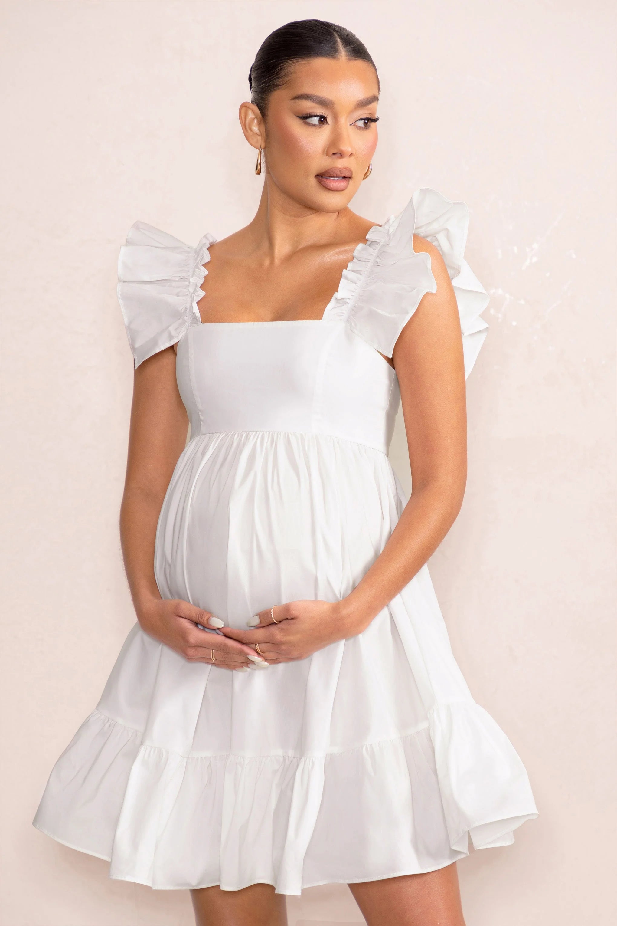 Dolly Daze | White Maternity Ruffle Sleeve Babydoll Mini Dress