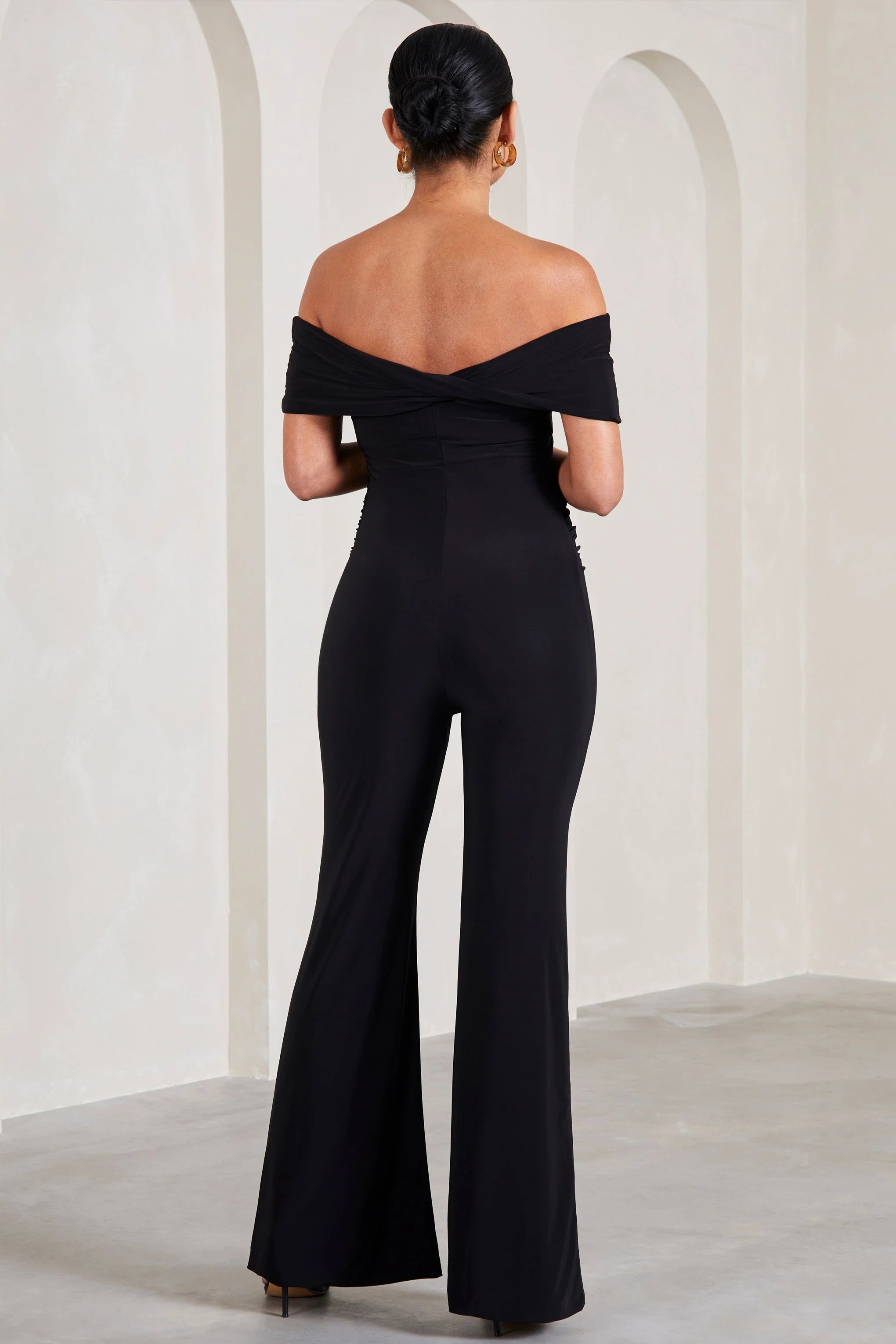 Elisa | Black Bardot Flared-Leg Maternity Jumpsuit