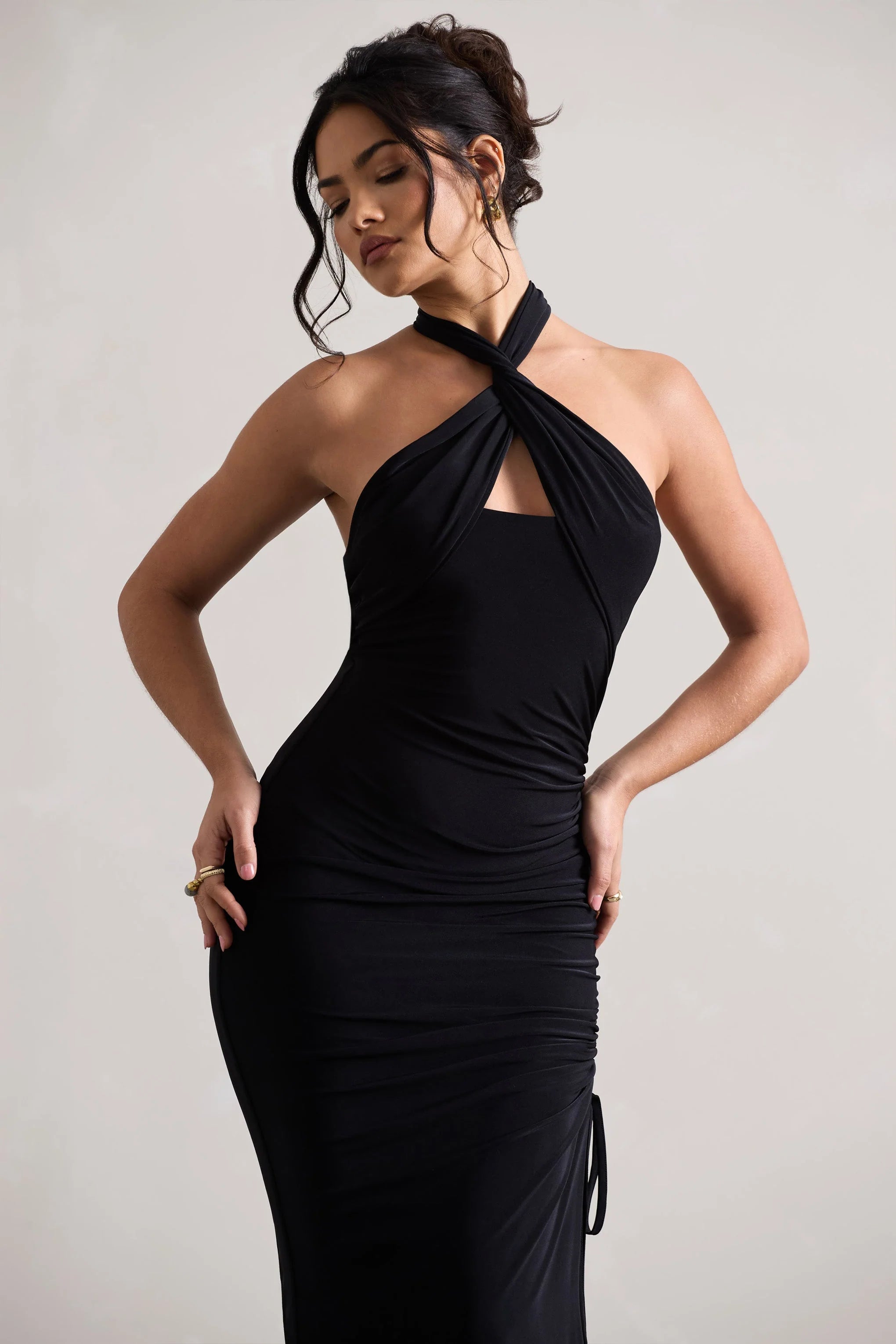 Jaiya | Black Ruched Halter-Neck Asymmetric Maxi