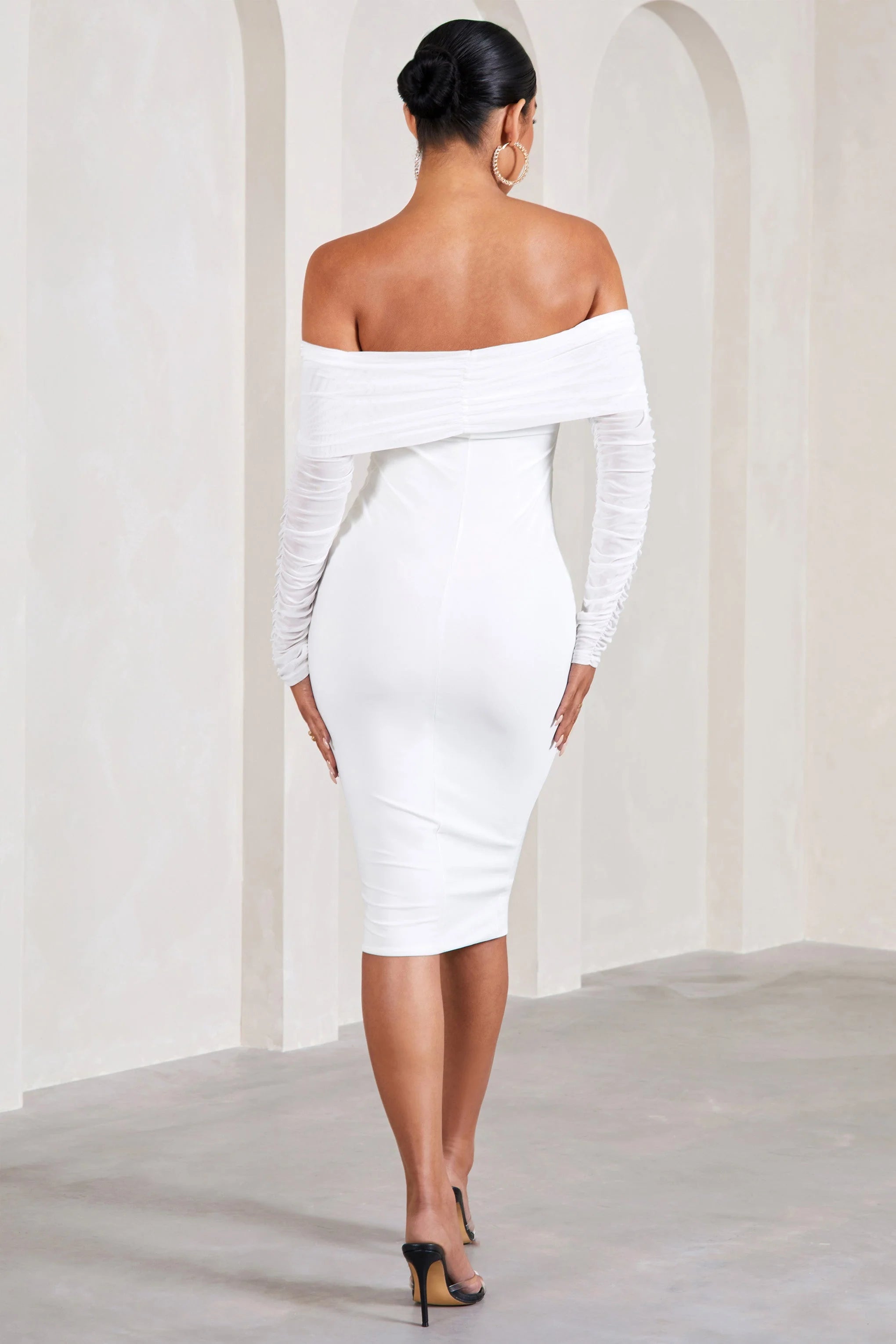 Patiently Waiting | White Maternity Ruched Mesh Bardot Midi Dress