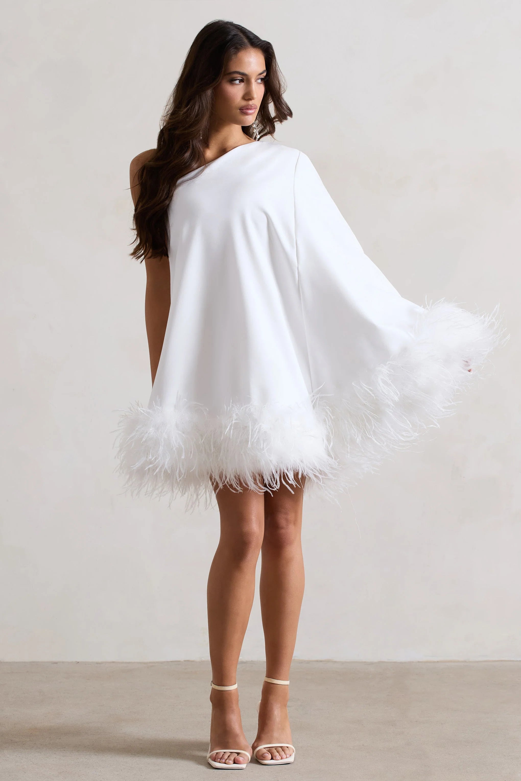 Epiphany | White Asymmetric Cape Sleeve Mini Dress With Feathers