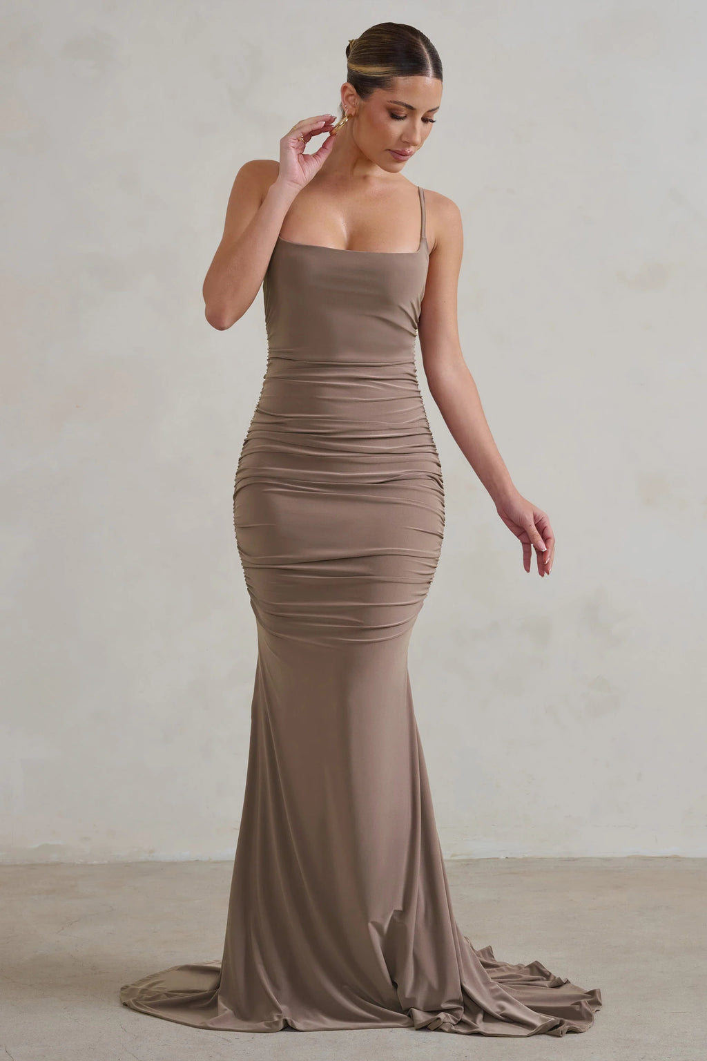 Adele | Mocha Backless Ruched Fishtail Cami Maxi Dress