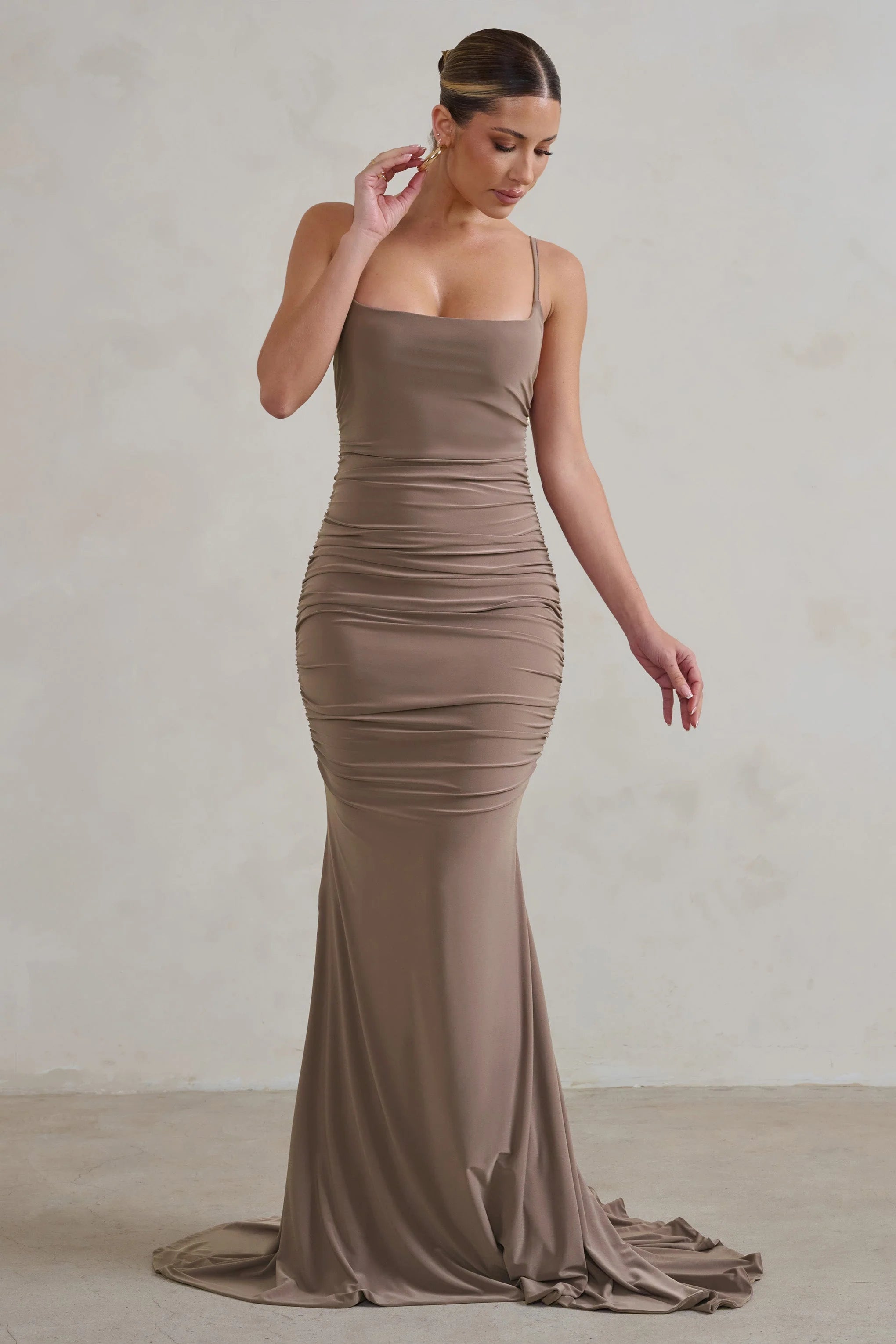 Adele | Mocha Backless Ruched Fishtail Cami Maxi Dress