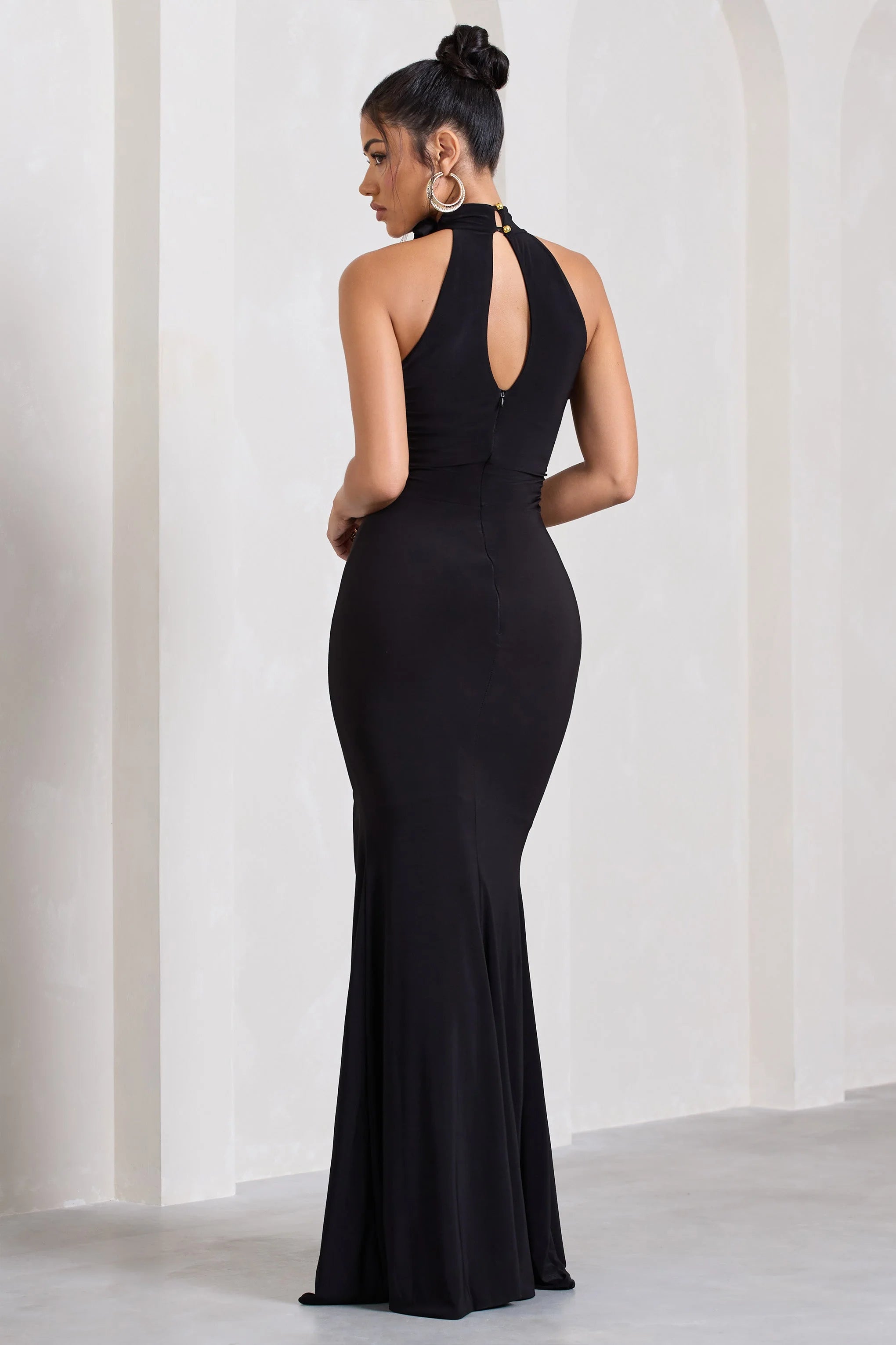 Wanderer | Black Ruched Halter-Neck Split Maxi Dress With Flower