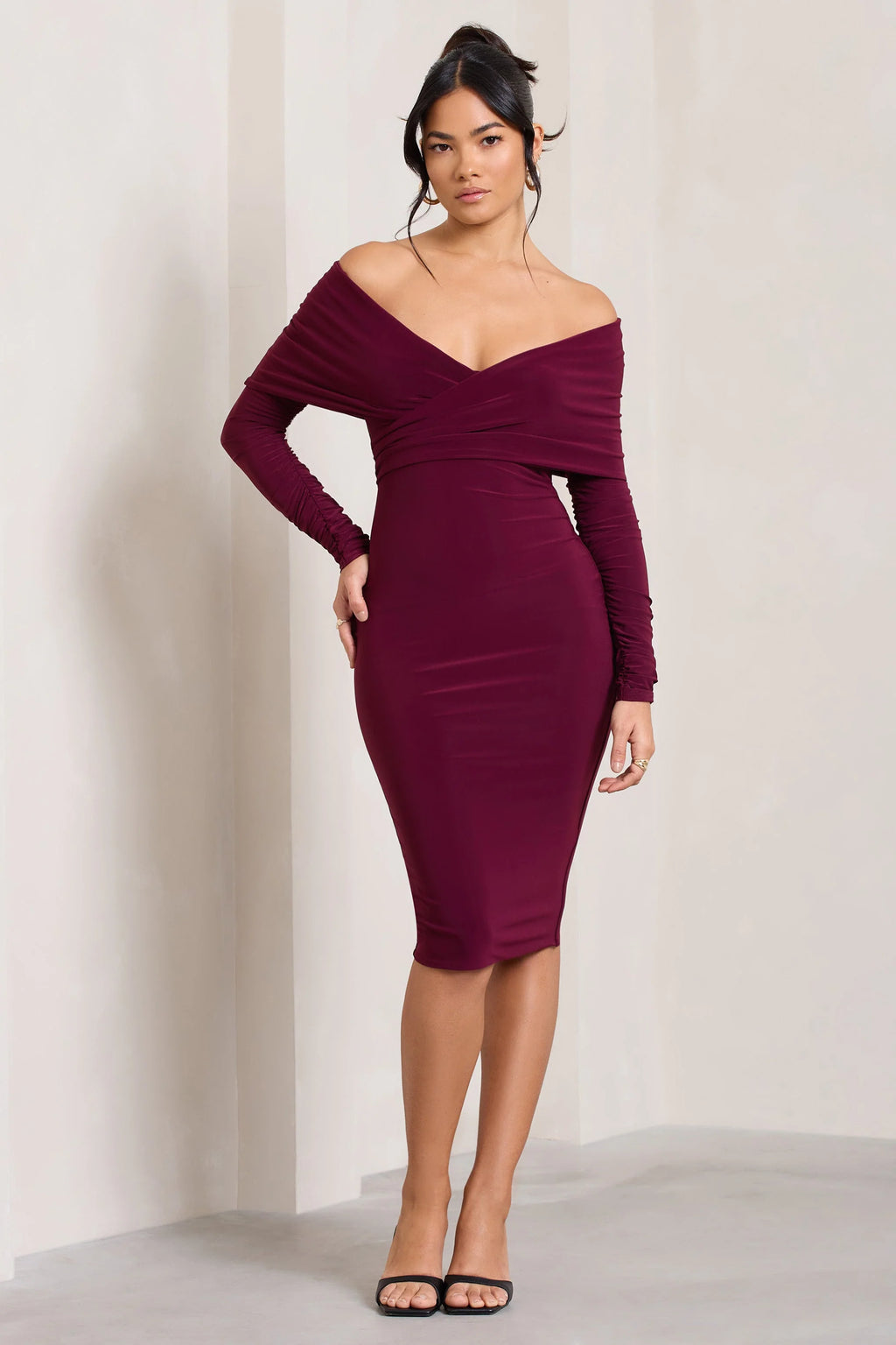 Flatter Me | Burgundy Twist Front Bardot Midi Dress
