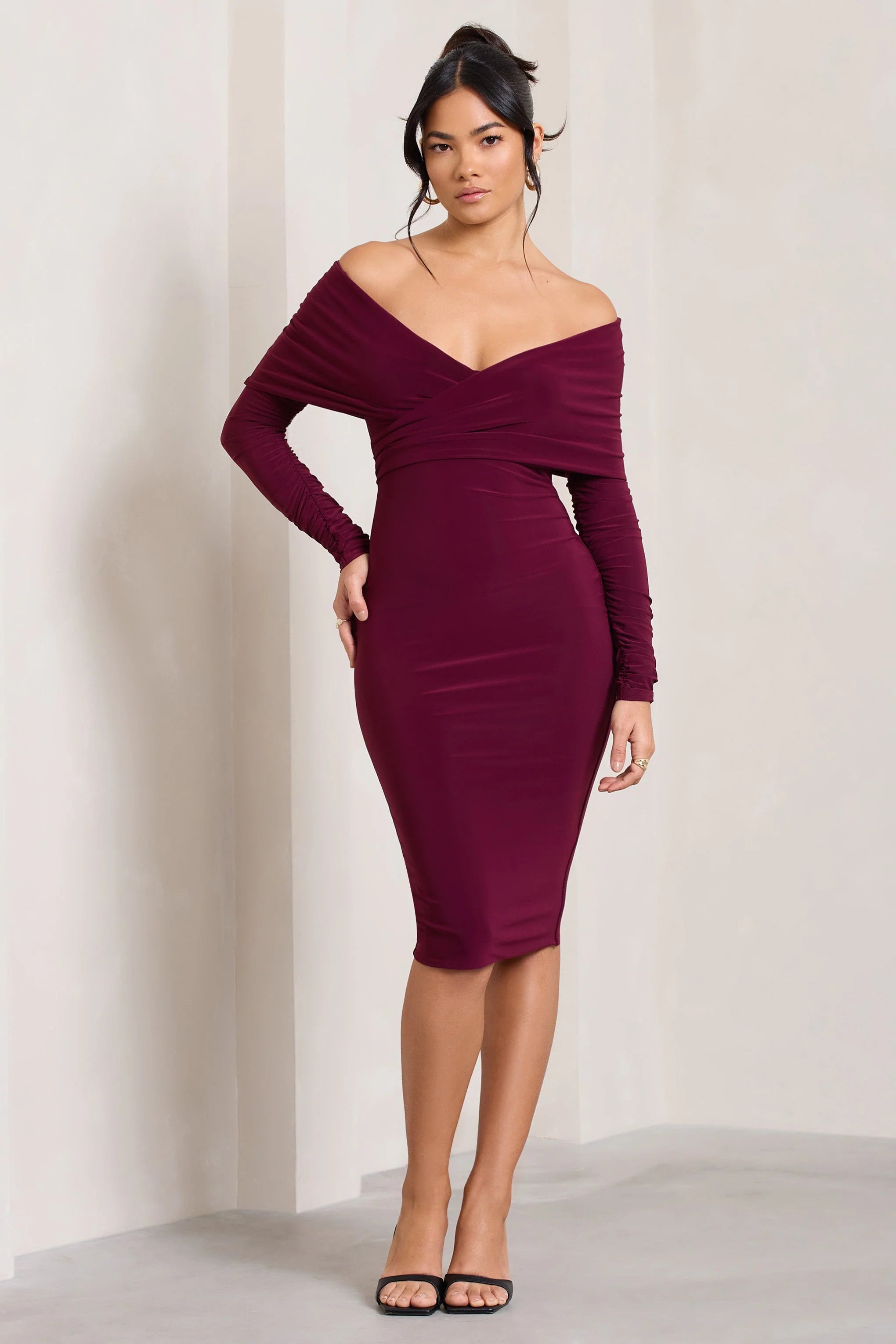 Flatter Me | Burgundy Twist Front Bardot Midi Dress