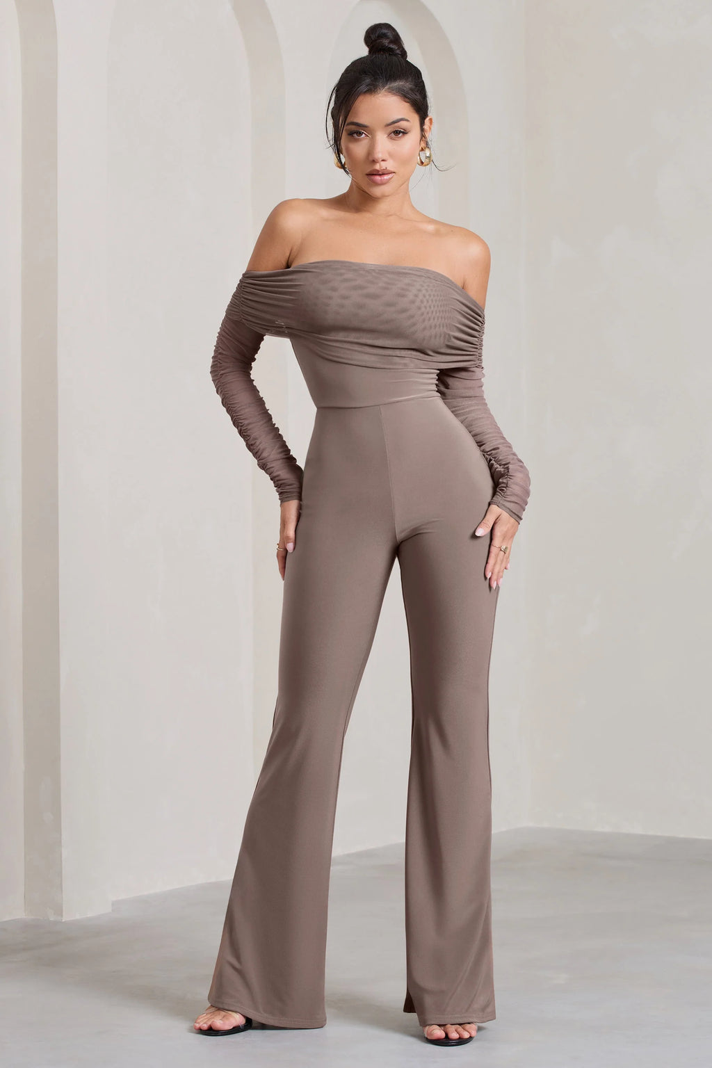 Whisper | Mocha Ruched Mesh Bardot Jumpsuit
