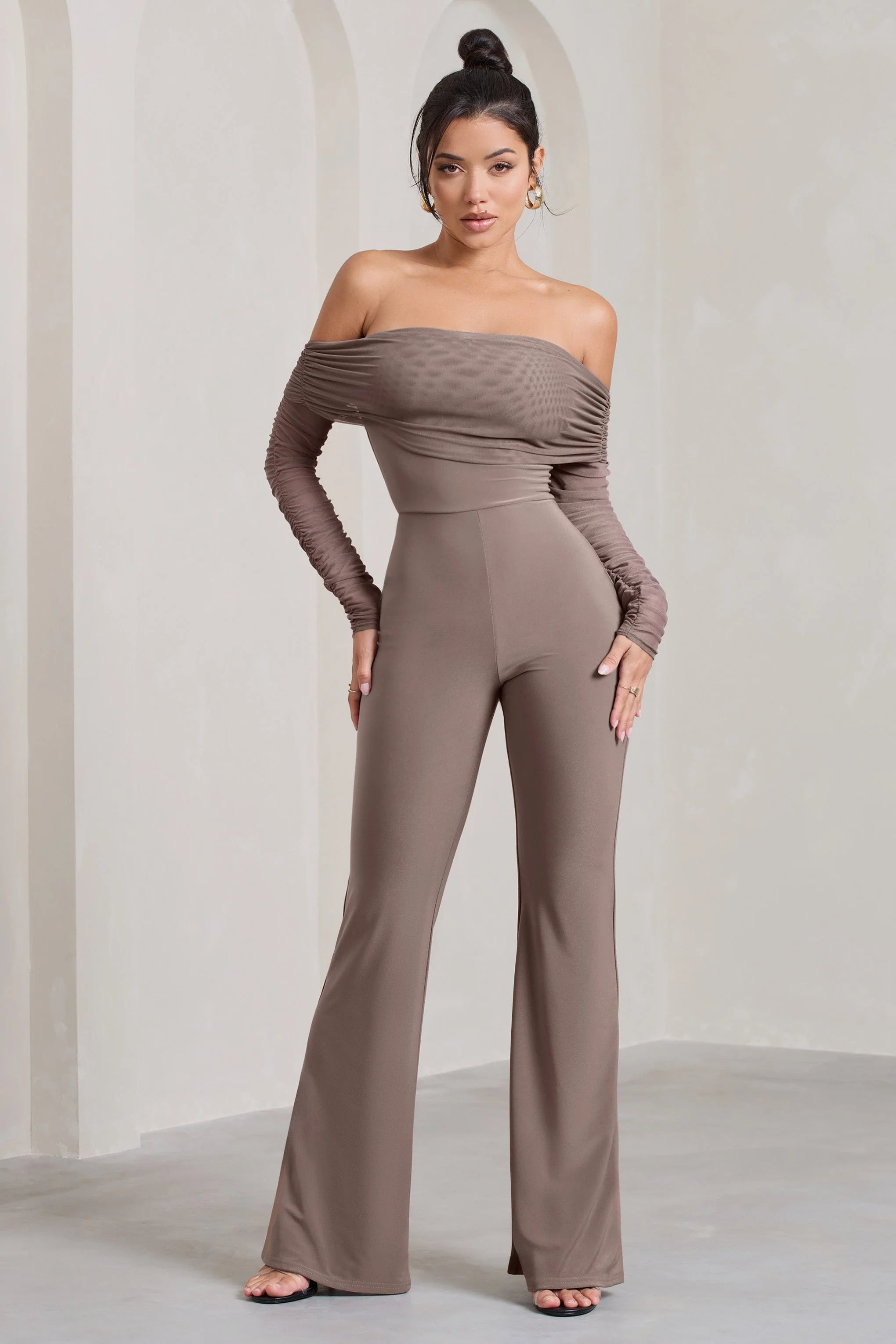 Whisper | Mocha Ruched Mesh Bardot Jumpsuit