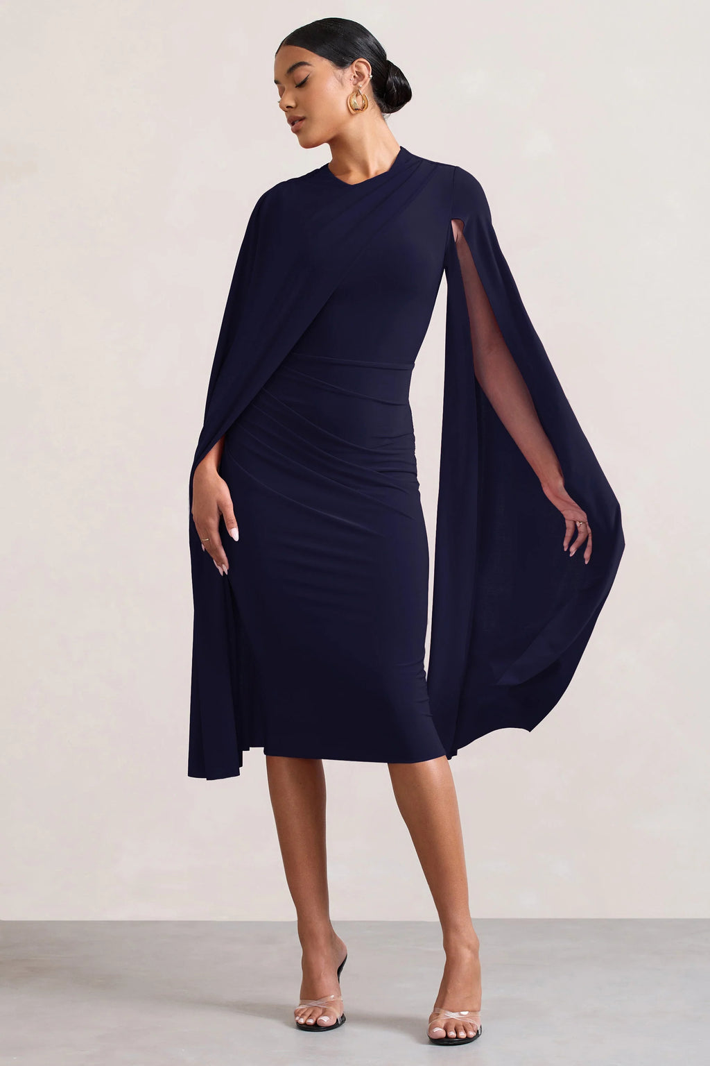 Marysol | Navy Asymmetric Cape Midi Dress