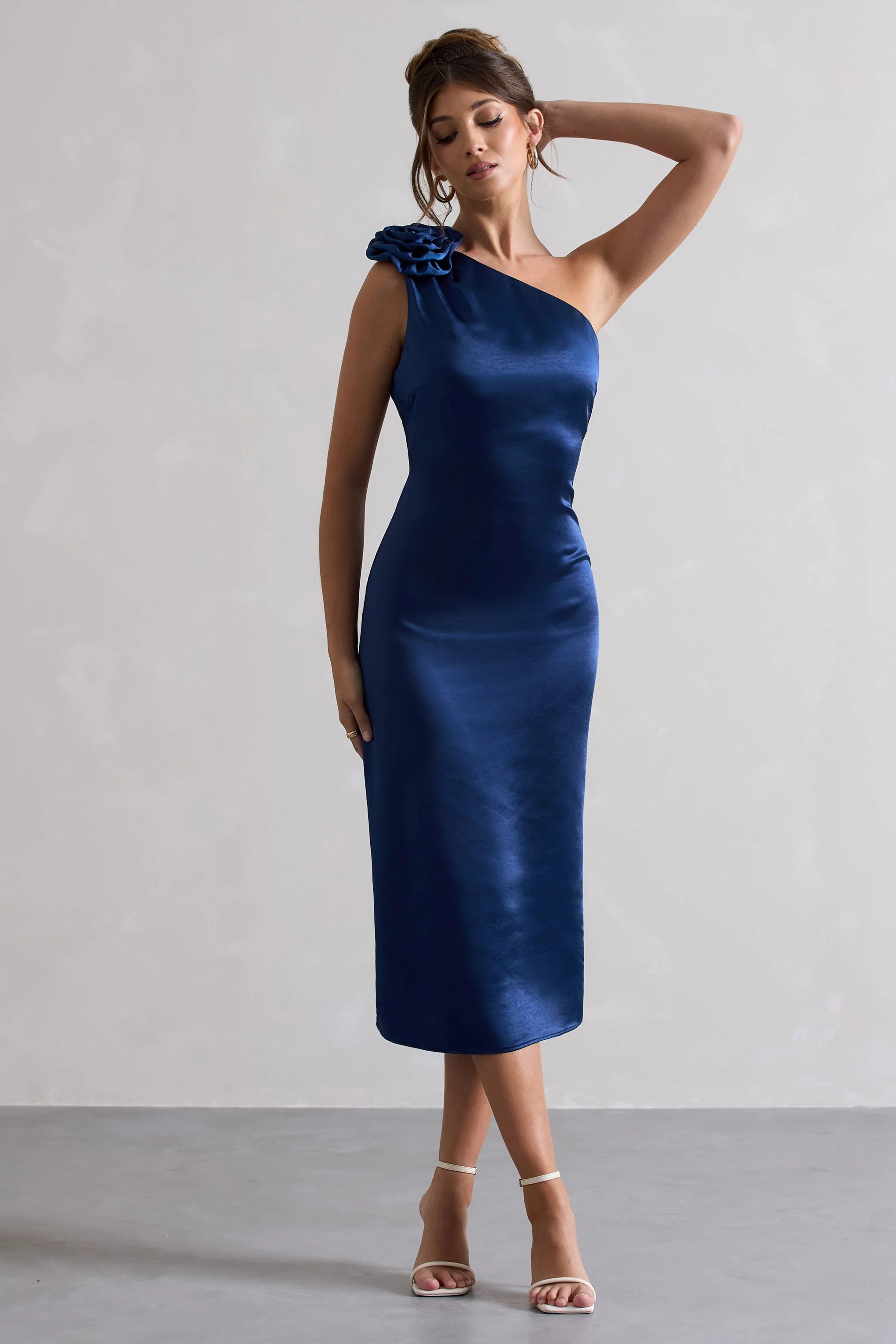 Ascot | Navy Satin Asymmetric Midi Dress With Corsage