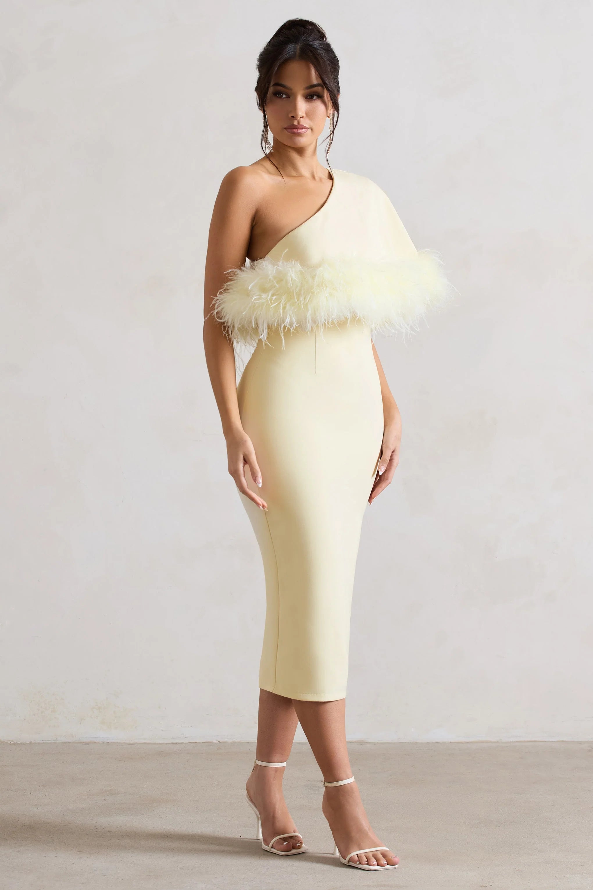 Victory | Lemon Asymmetric Midi Dress With Feather Trim