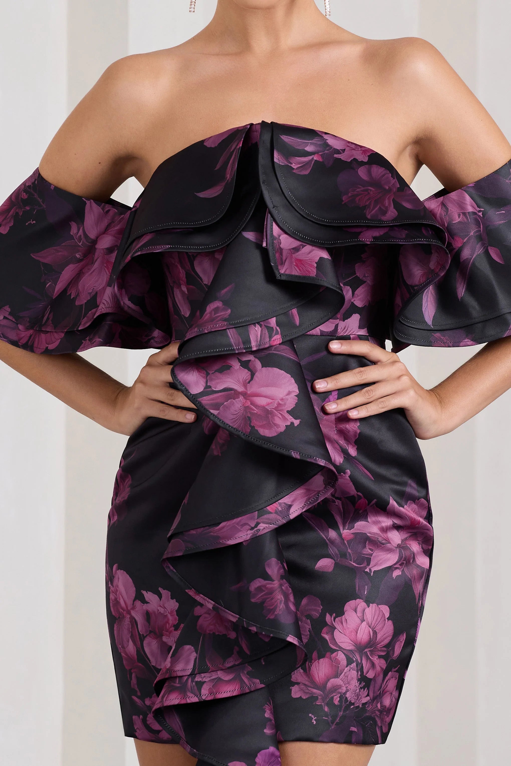 Aspen | Black Floral Print Bardot Mini Dress With Ruffles