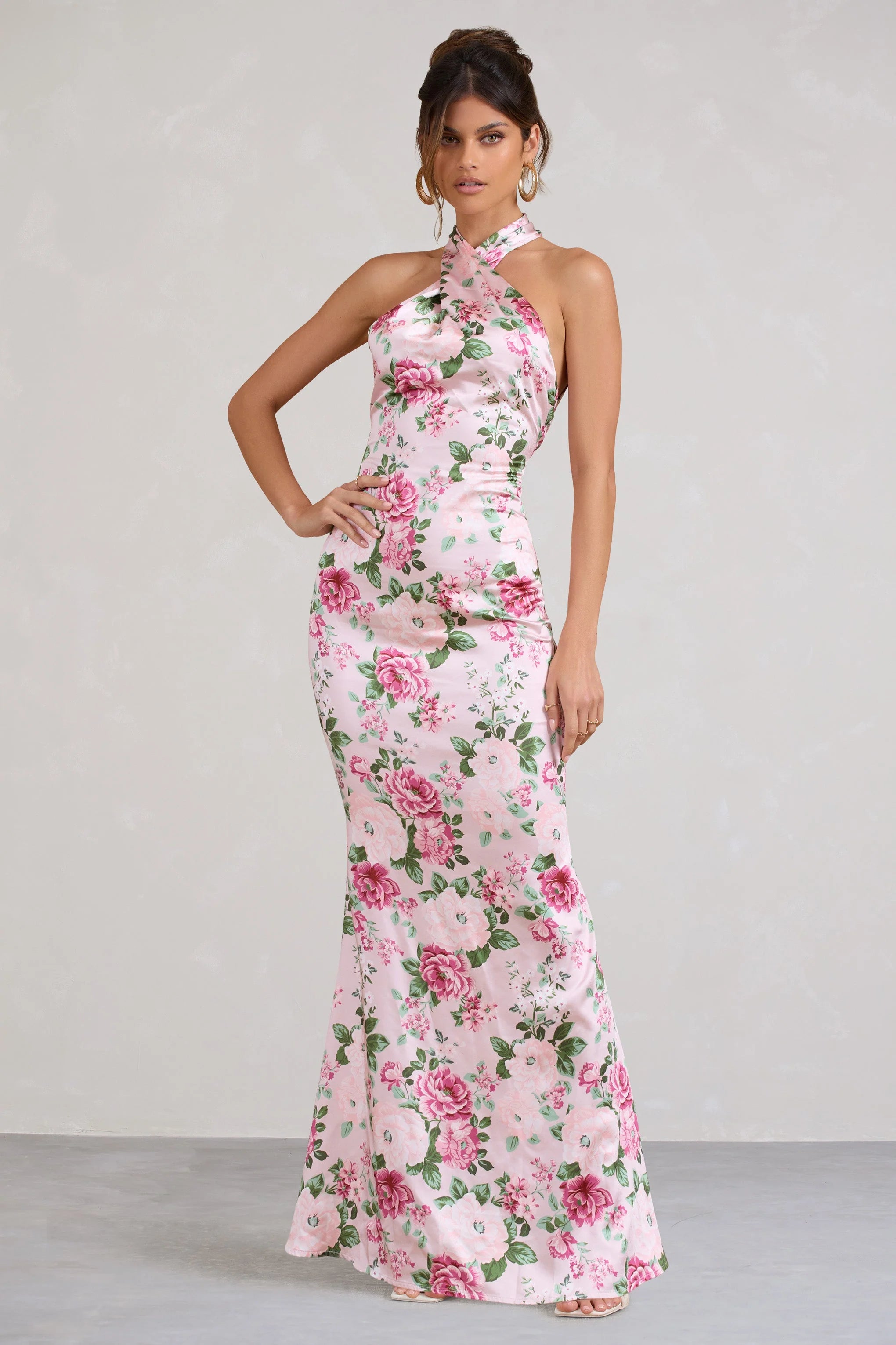 Unstoppable | Pink Floral Print Satin Cross Over Halter Neck Maxi Dress