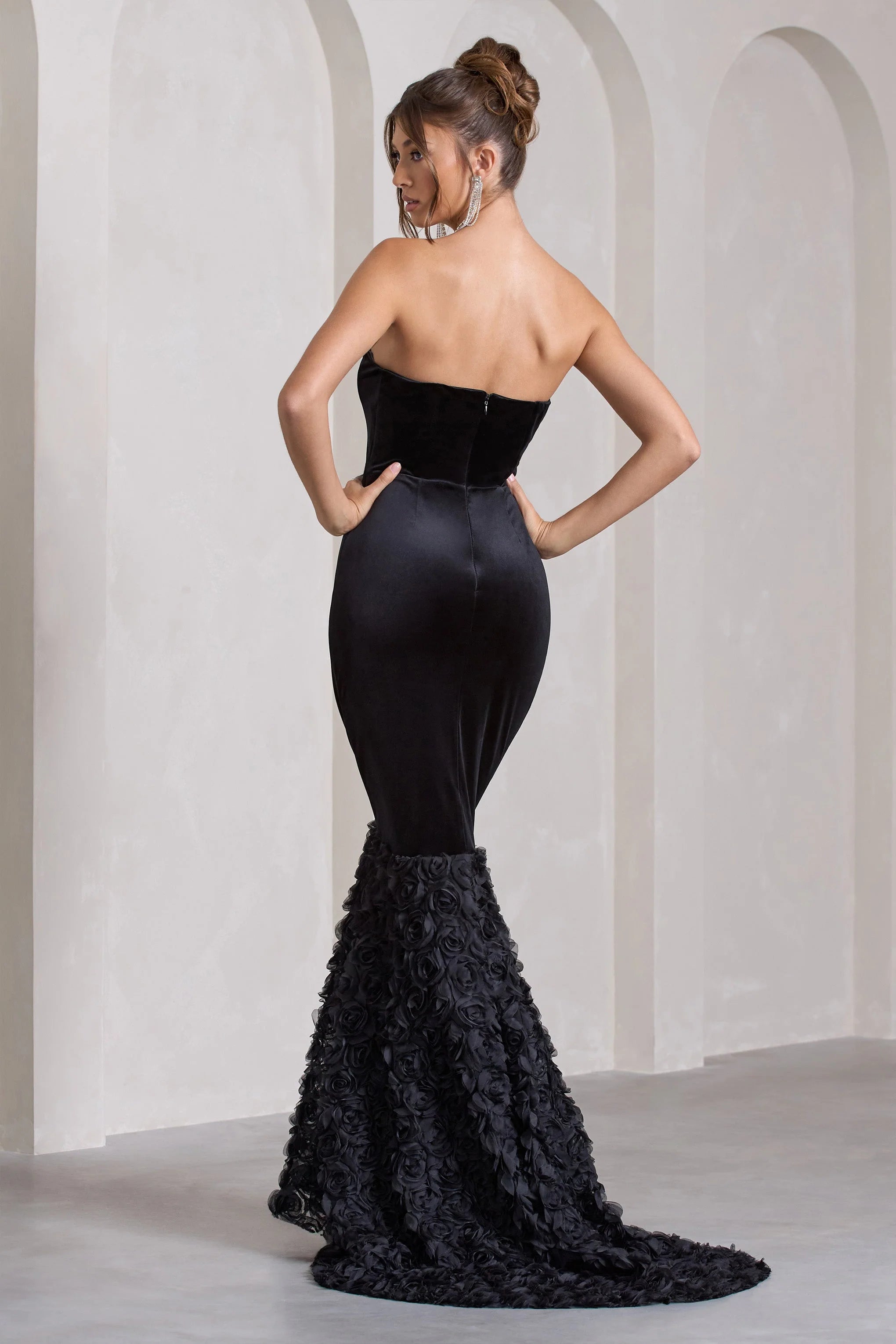 Whirling | Black Velvet Sweetheart Fishtail Maxi Dress With Flowers