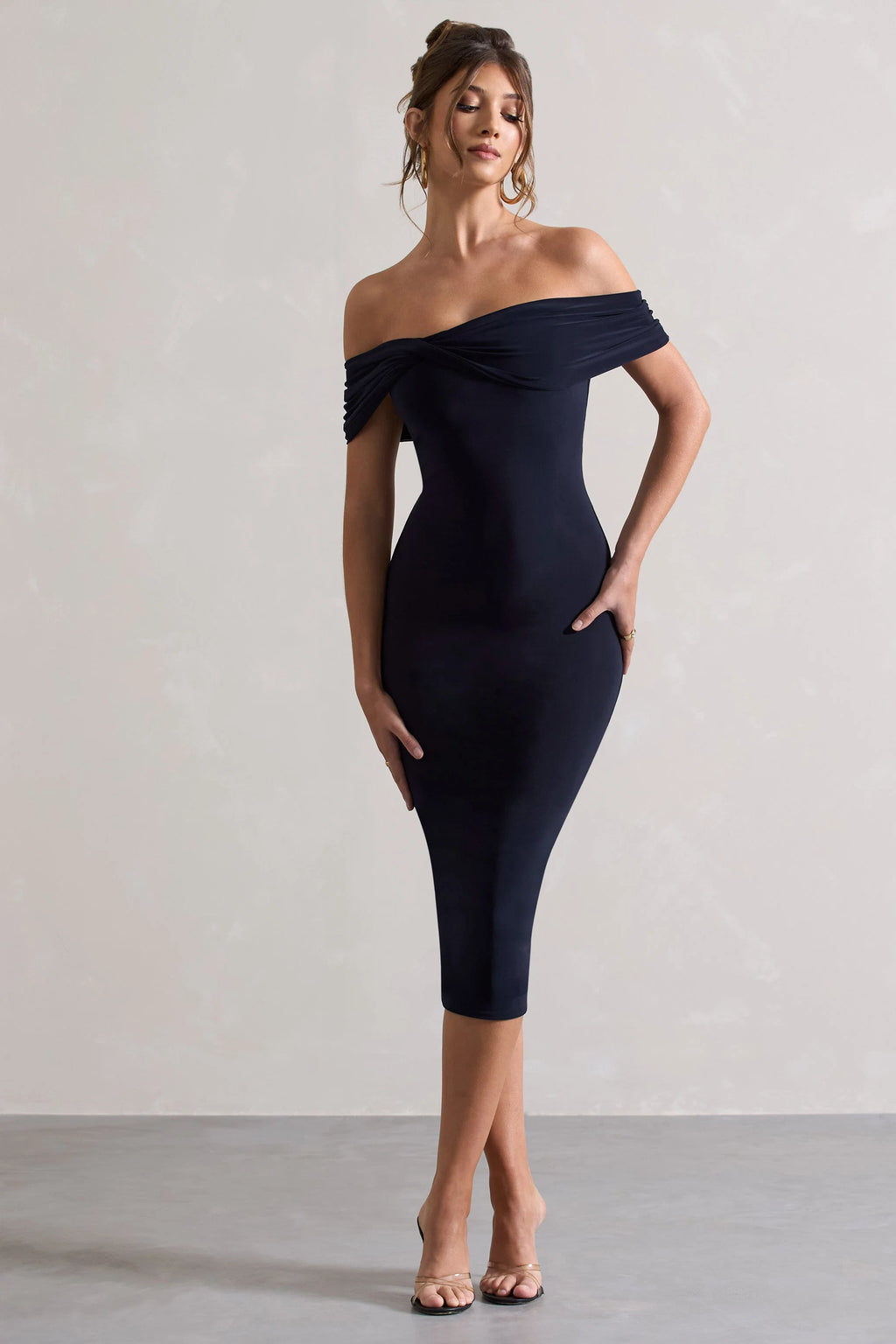 Keely | Navy Bodycon Twisted Bardot Midi Dress