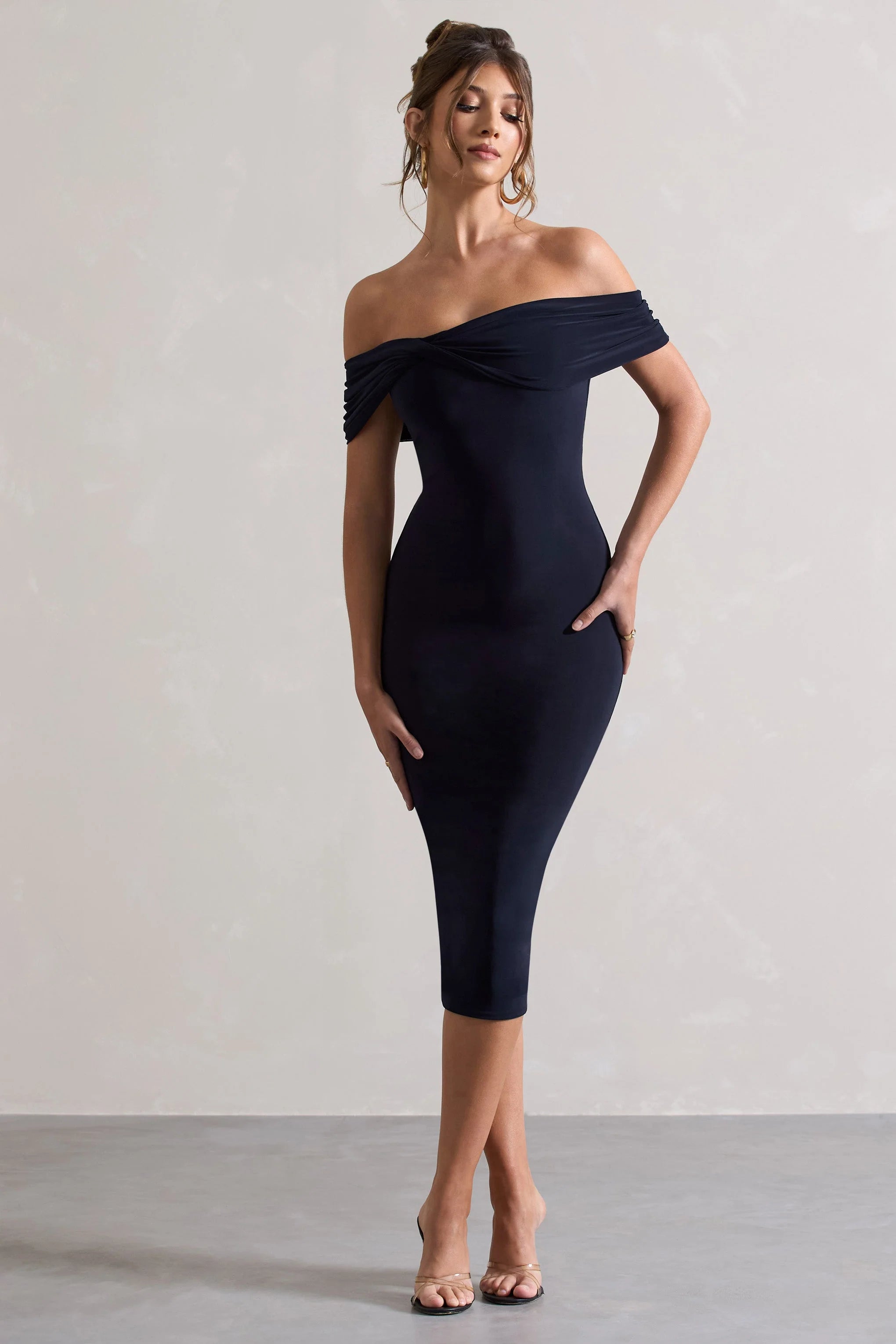 Keely | Navy Bodycon Twisted Bardot Midi Dress
