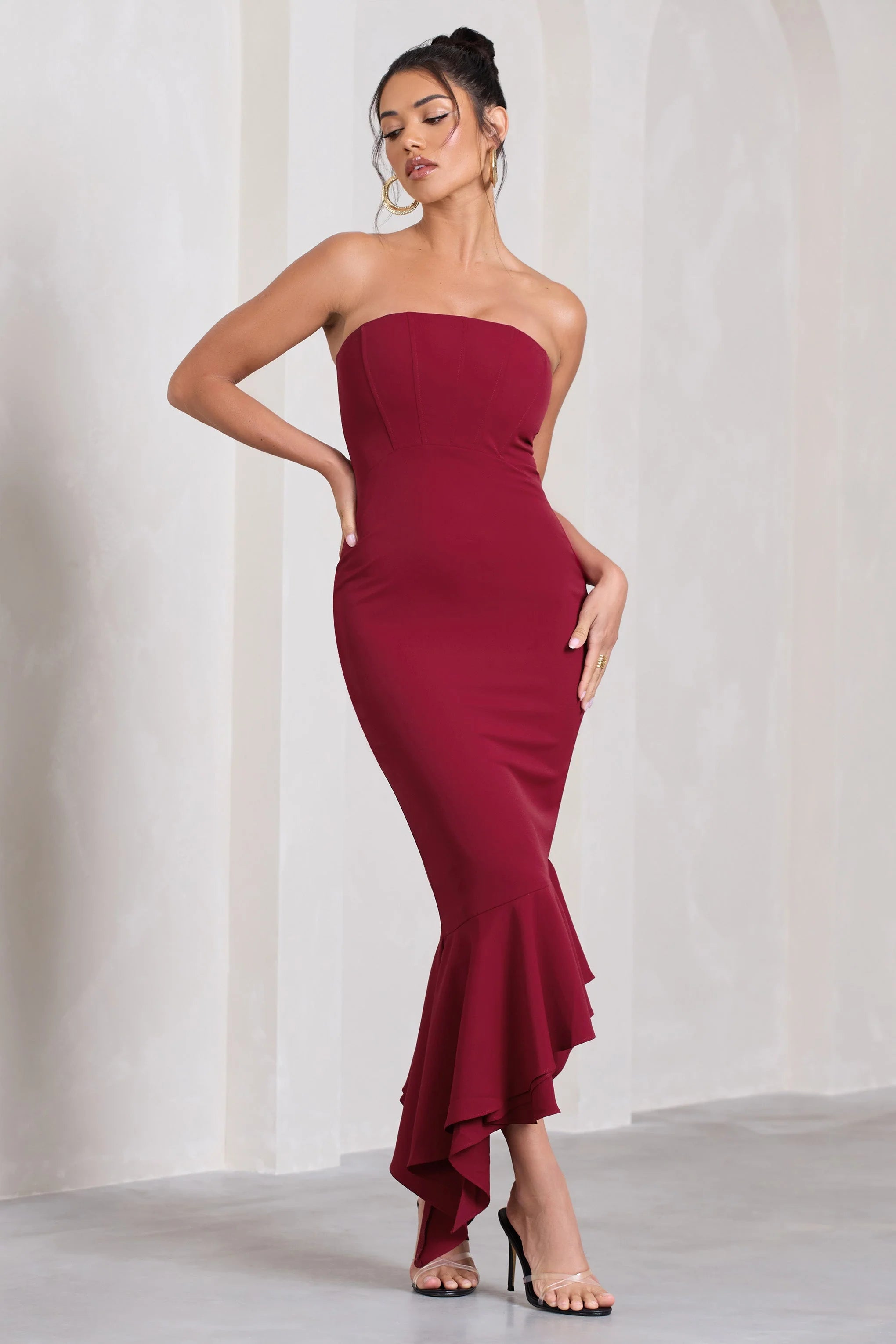Sandy | Berry Strapless Corset Asymmetric Maxi Dress