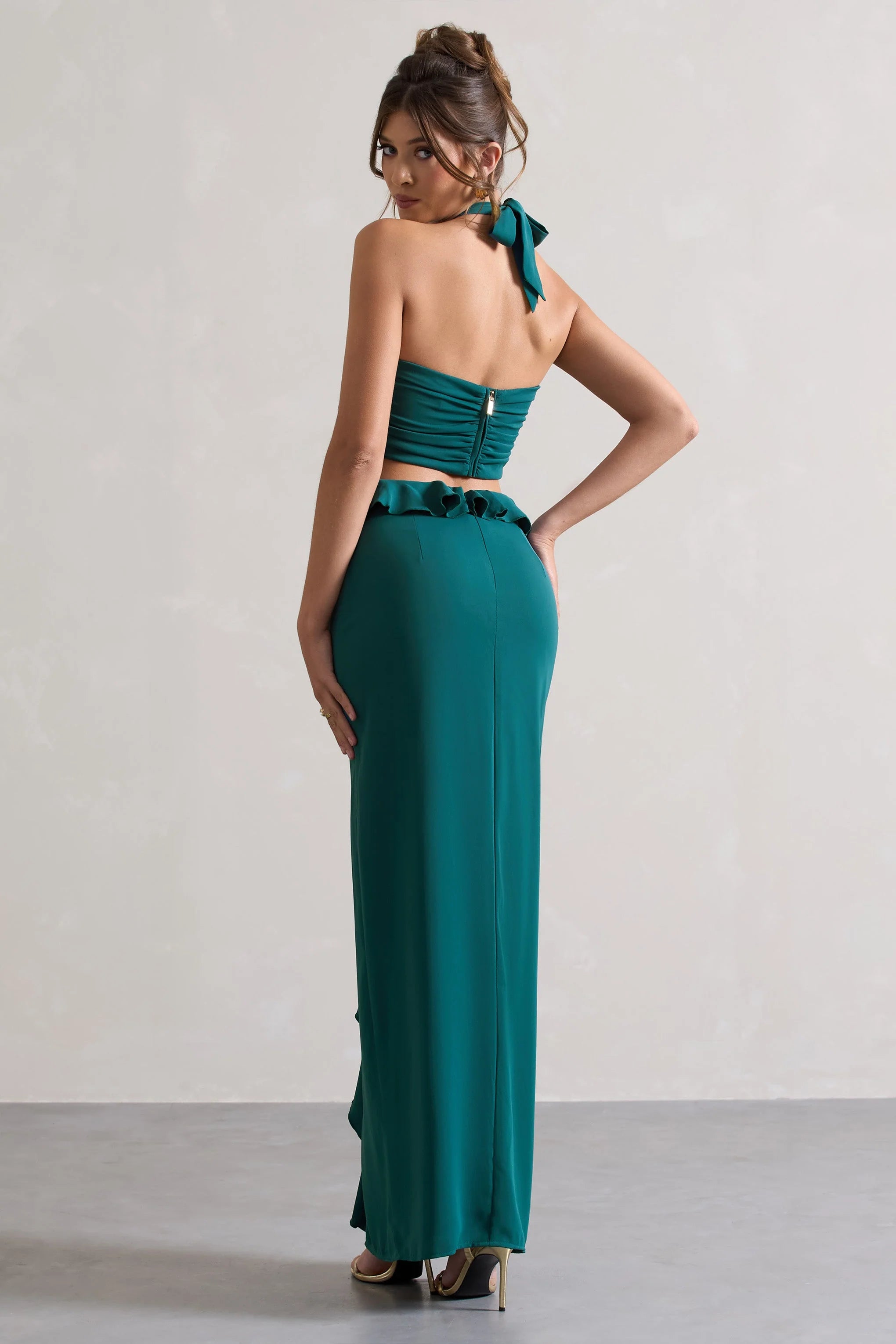 Powerful | Petrol Blue Cut-Out Halter-Neck Maxi Dress With Flower & Ruffles